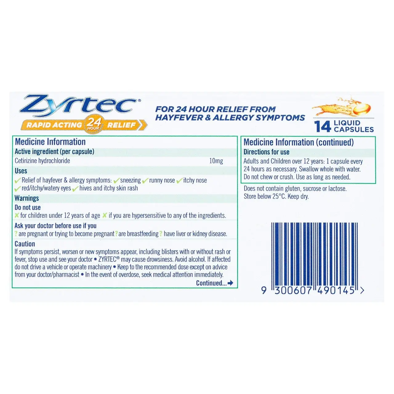 Zyrtec Rapid Acting Hayfever & Allergy Relief Antihistamine Liquid Capsules 14 Pack