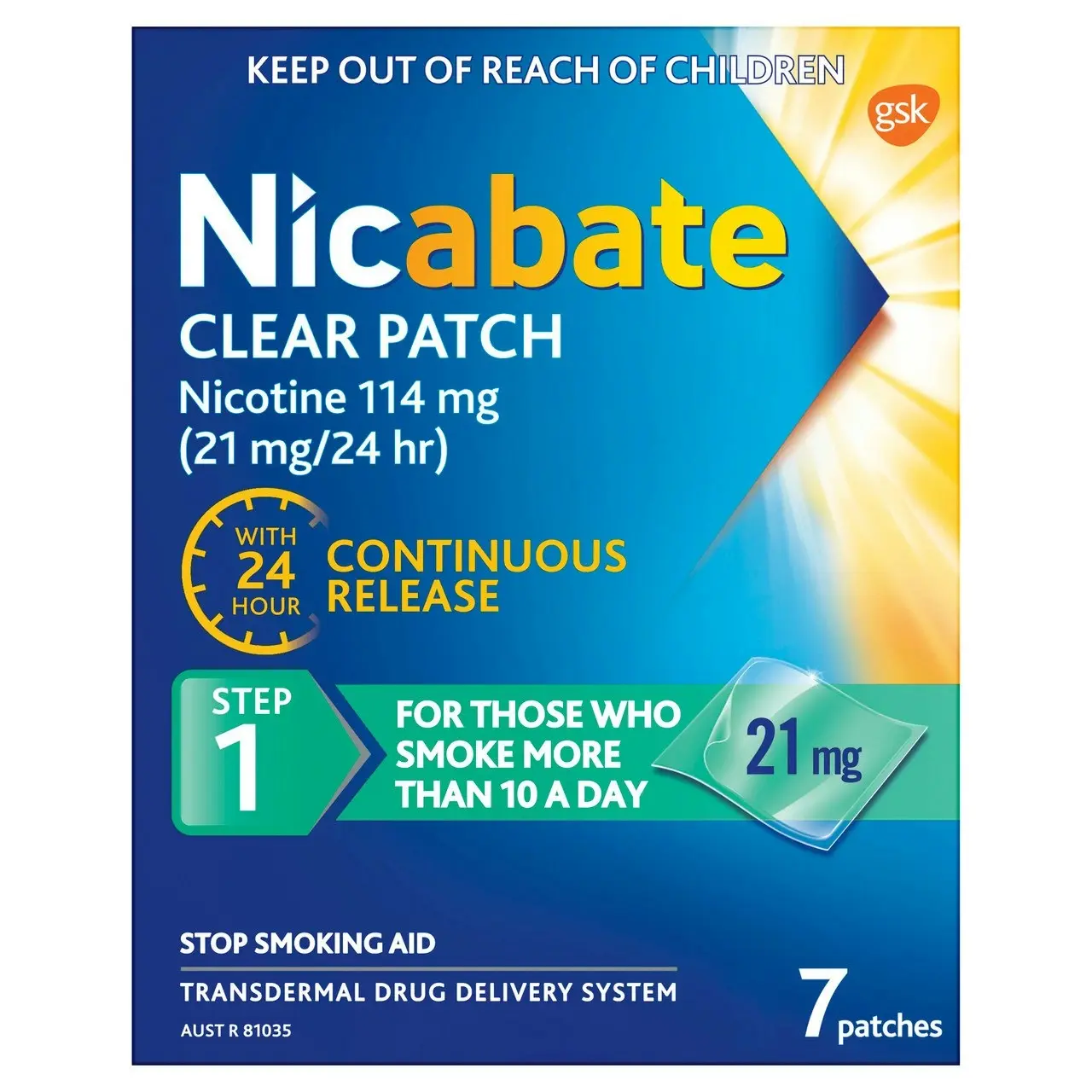 Nicabate Clear Patch Stop Smoking Transdermal drug delivery system Nicotine 21mg 7 Pack