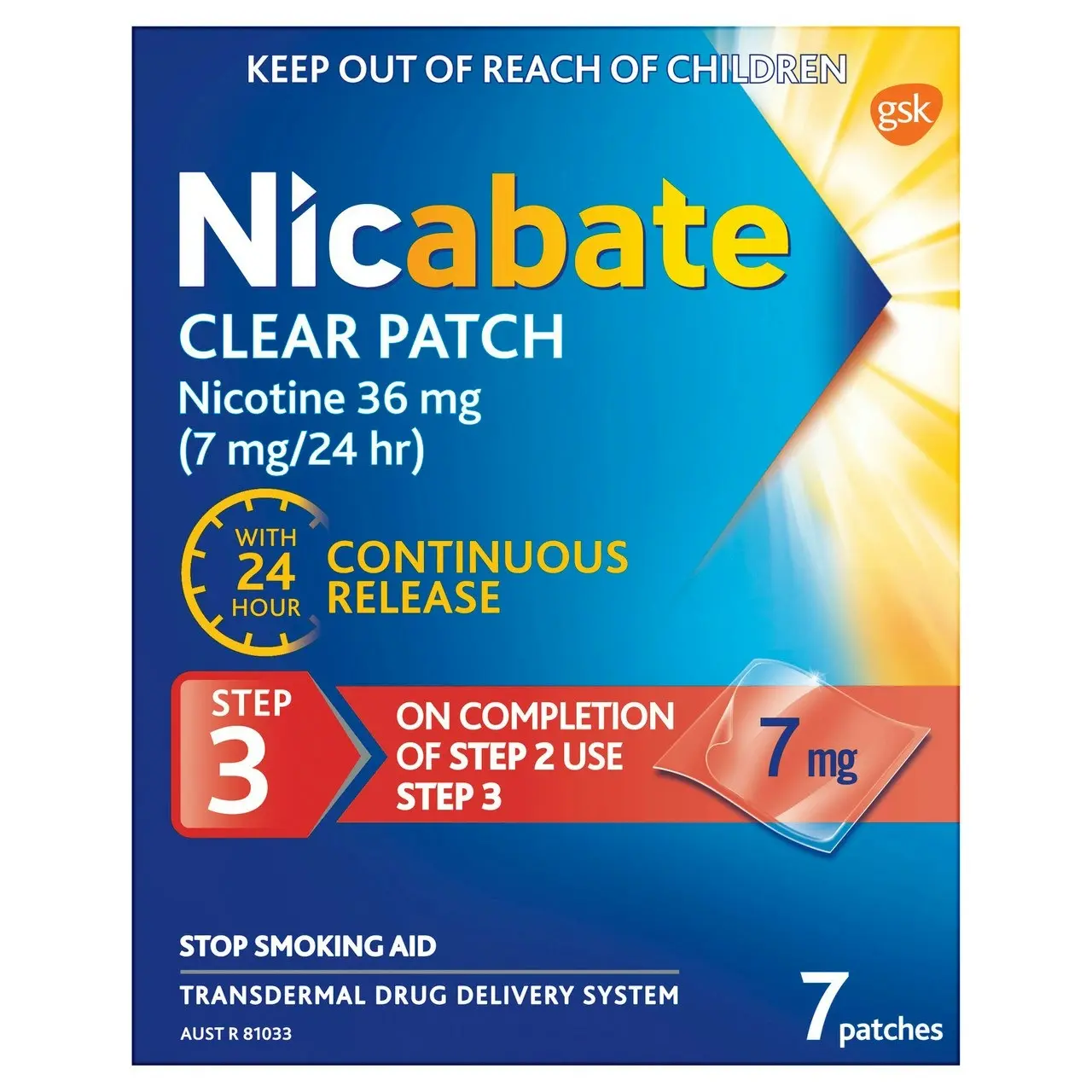 Nicabate Clear Patch Stop Smoking Transdermal drug delivery system Nicotine 7mg 7 Pack