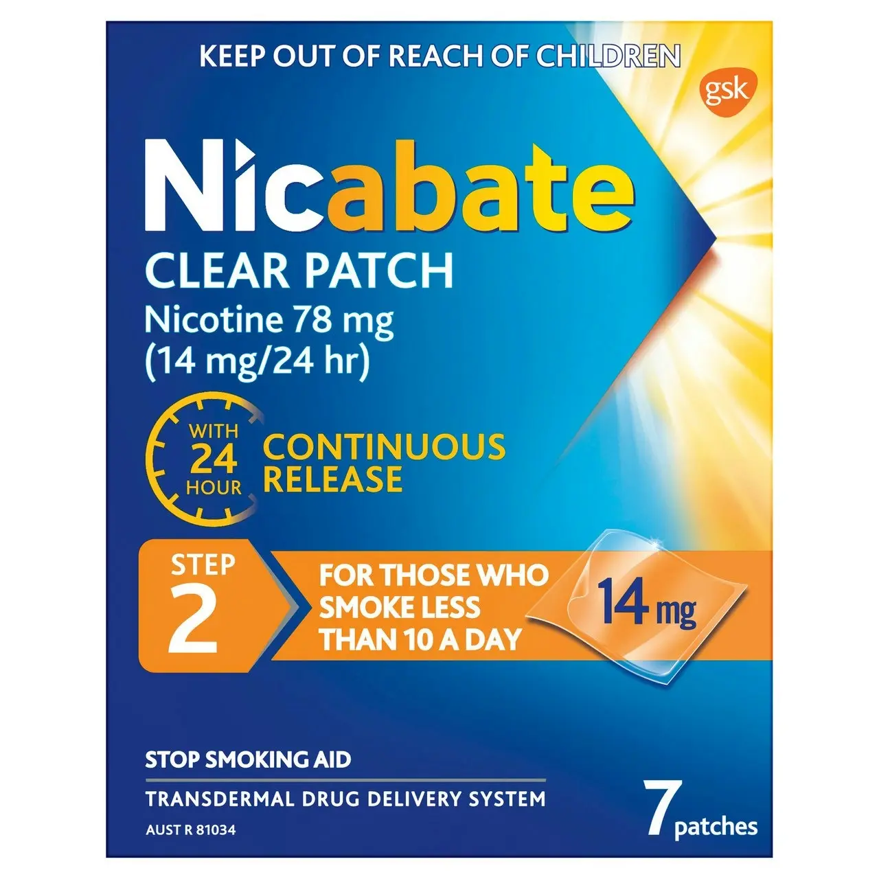 Nicabate Clear Patch Stop Smoking Transdermal drug delivery system Nicotine 14mg 7 Pack