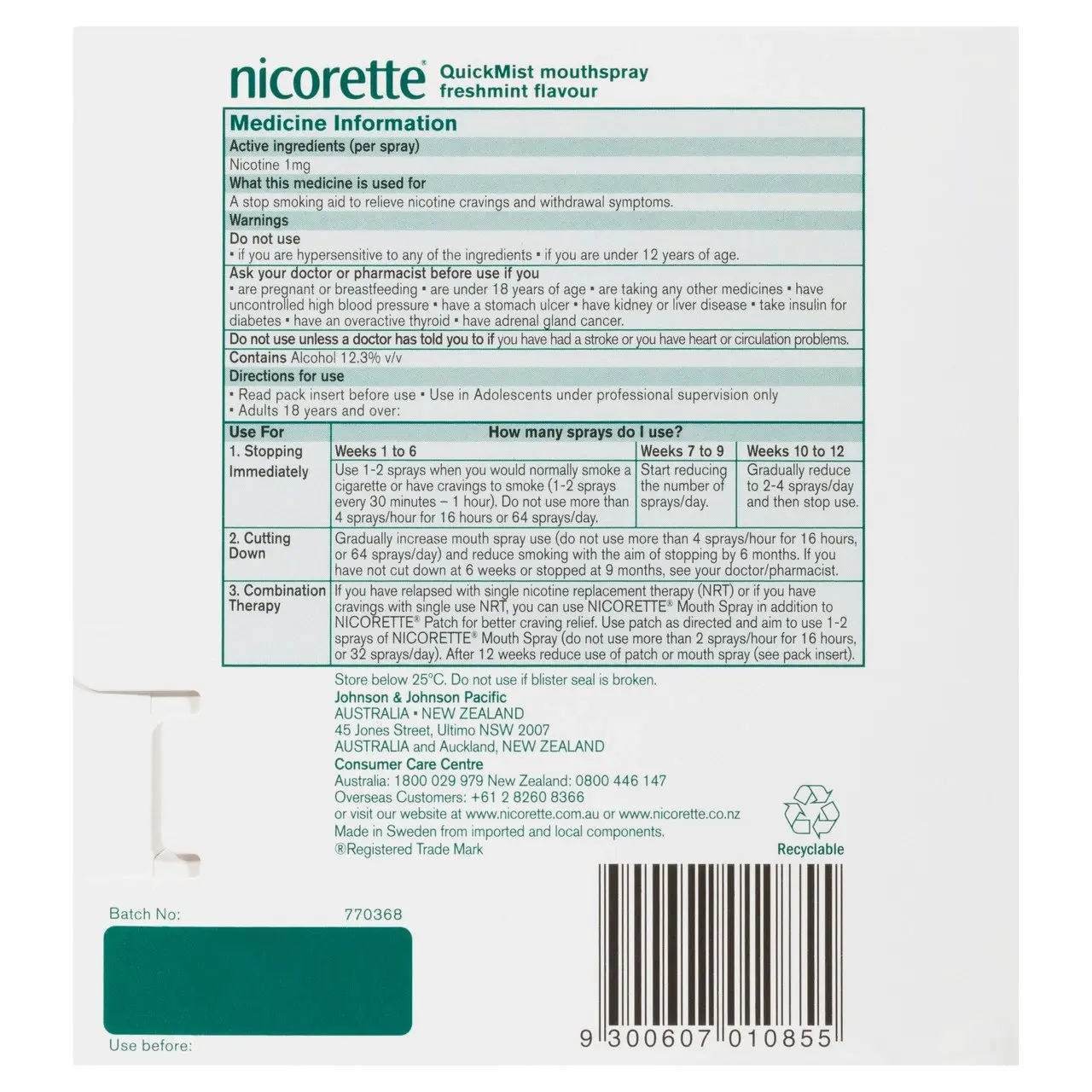 Nicorette Quit Smoking QuickMist Nicotine Mouth Spray Freshmint 2 x 150 Pack