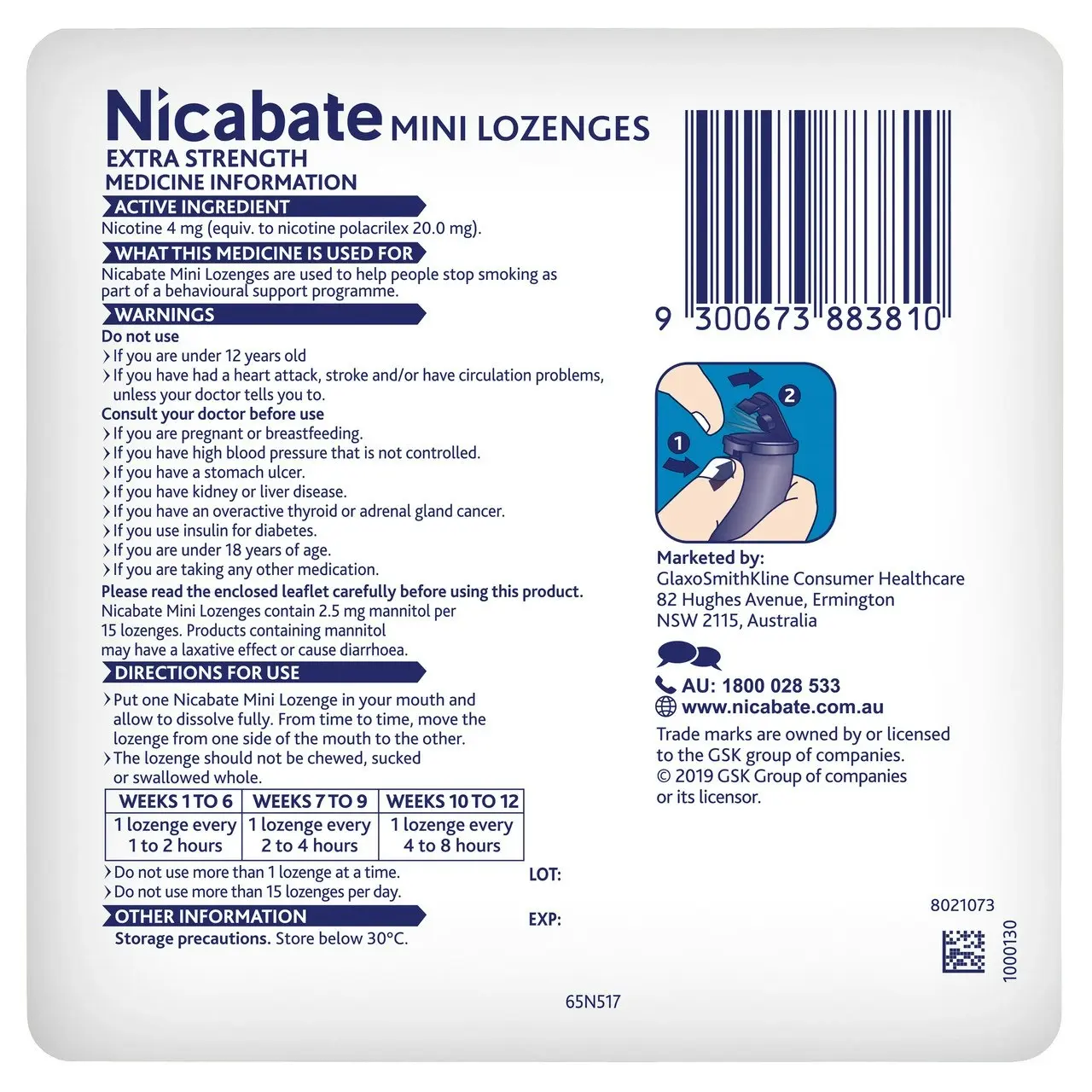 Nicabate Mini Lozenge Stop Smoking Nicotine 4mg Extra Strength Mint 20 Pack