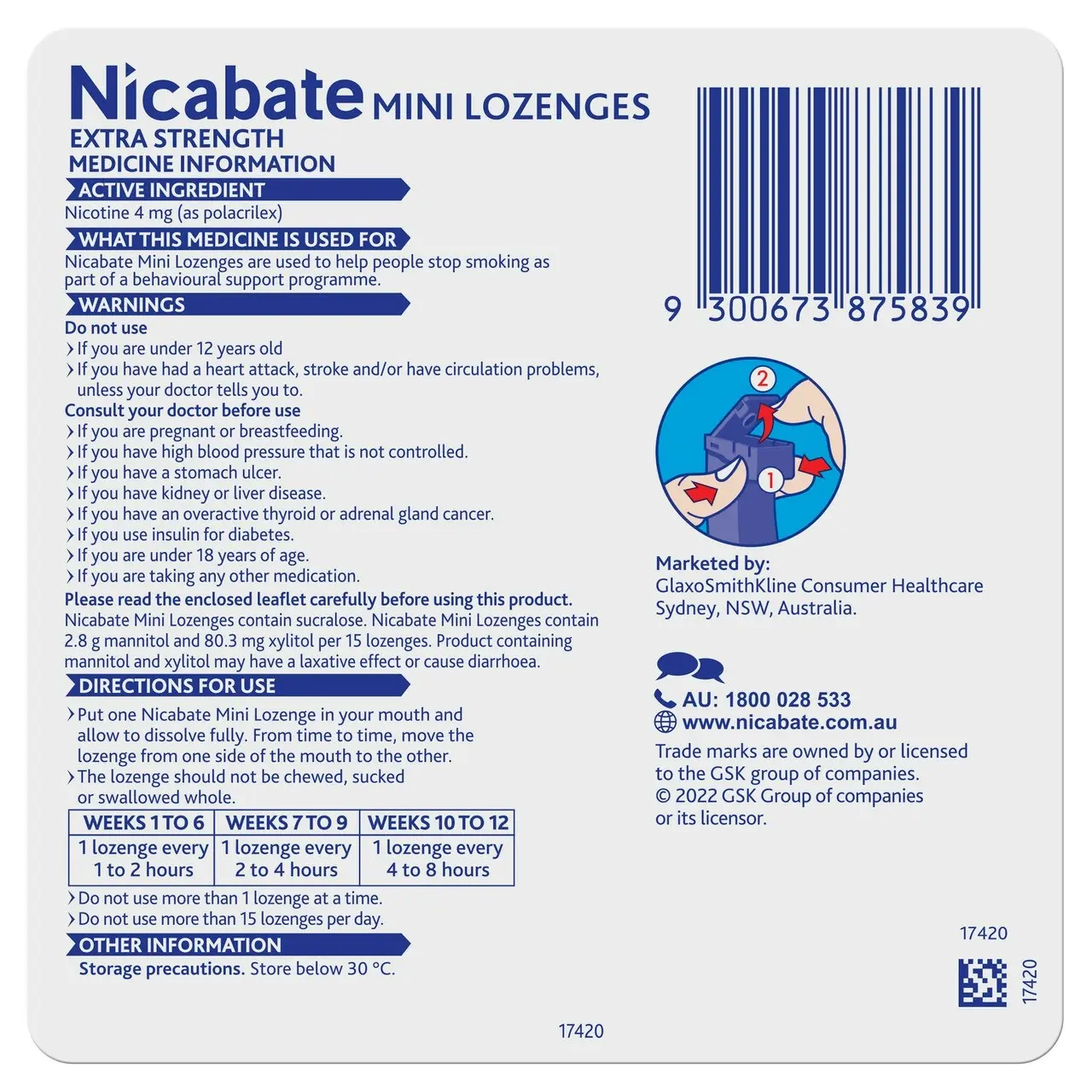 Nicabate Mini Lozenge Stop Smoking Nicotine 4mg Extra Strength Mint 20 Pack