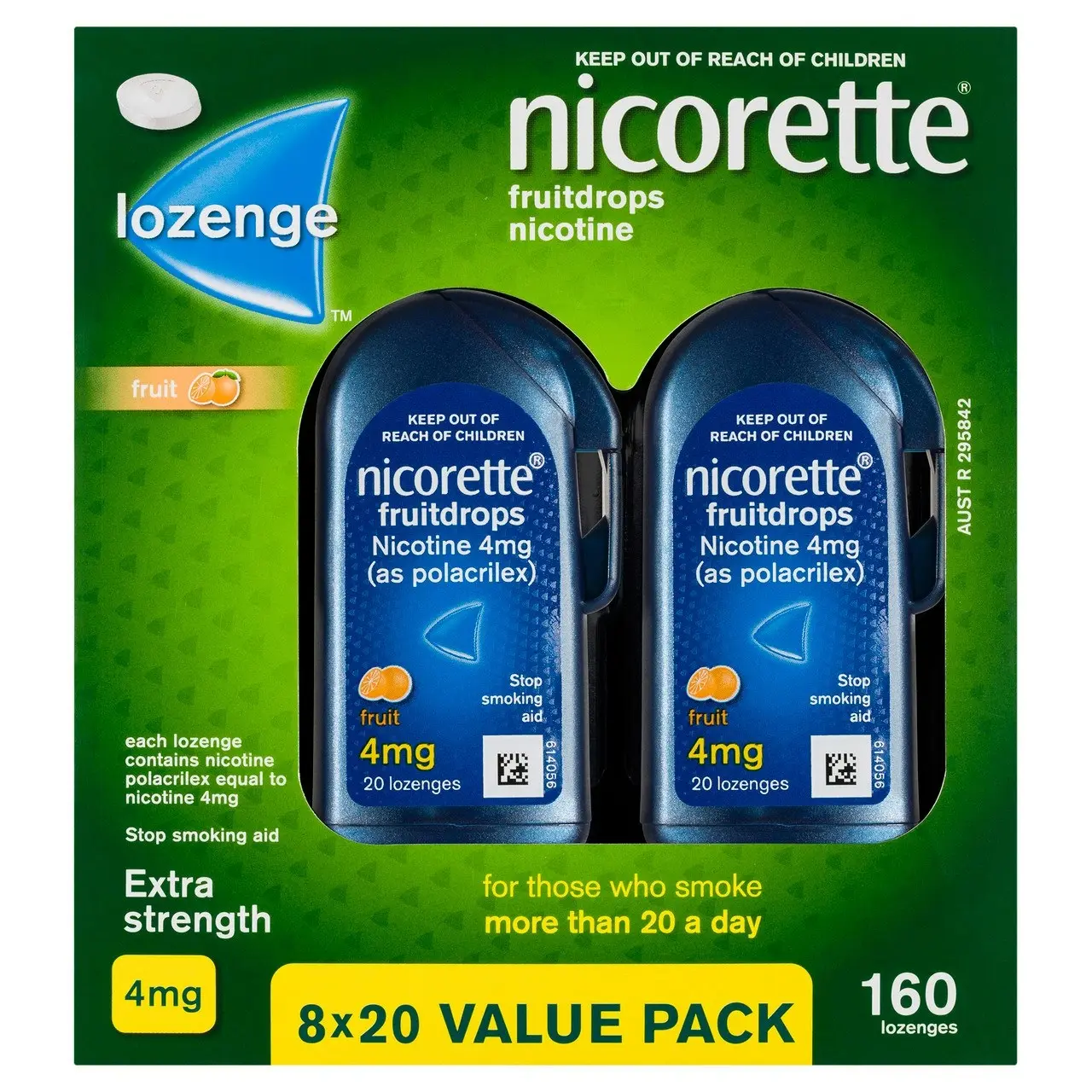 Nicorette Quit Smoking Extra Strength Nicotine Lozenge Fruitdrops 8 x 20 Pack