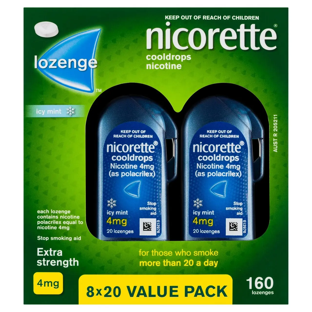 Nicorette Quit Smoking Extra Strength Cooldrops Nicotine Lozenge Icy Mint 8 x 20 Pack