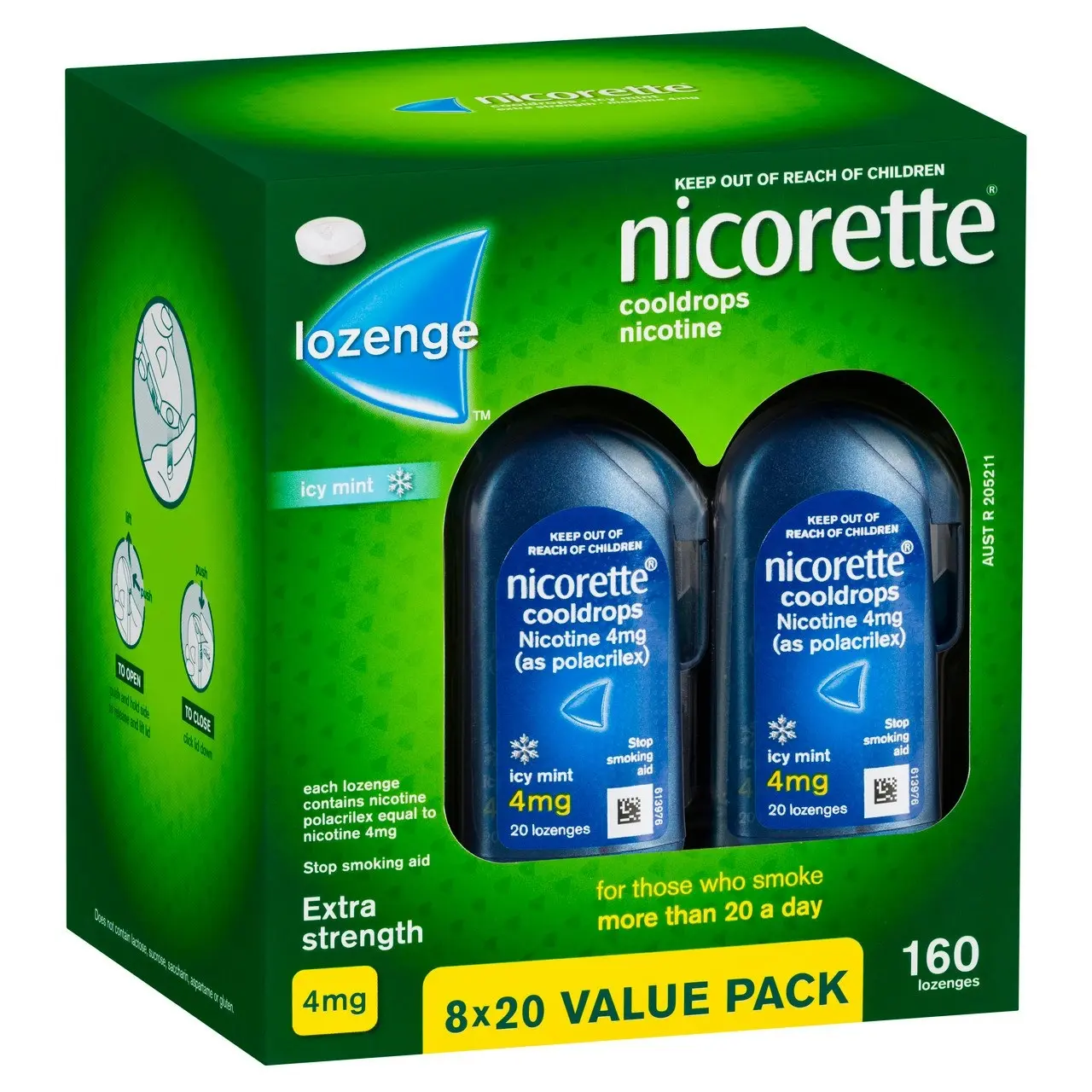 Nicorette Quit Smoking Extra Strength Cooldrops Nicotine Lozenge Icy Mint 8 x 20 Pack