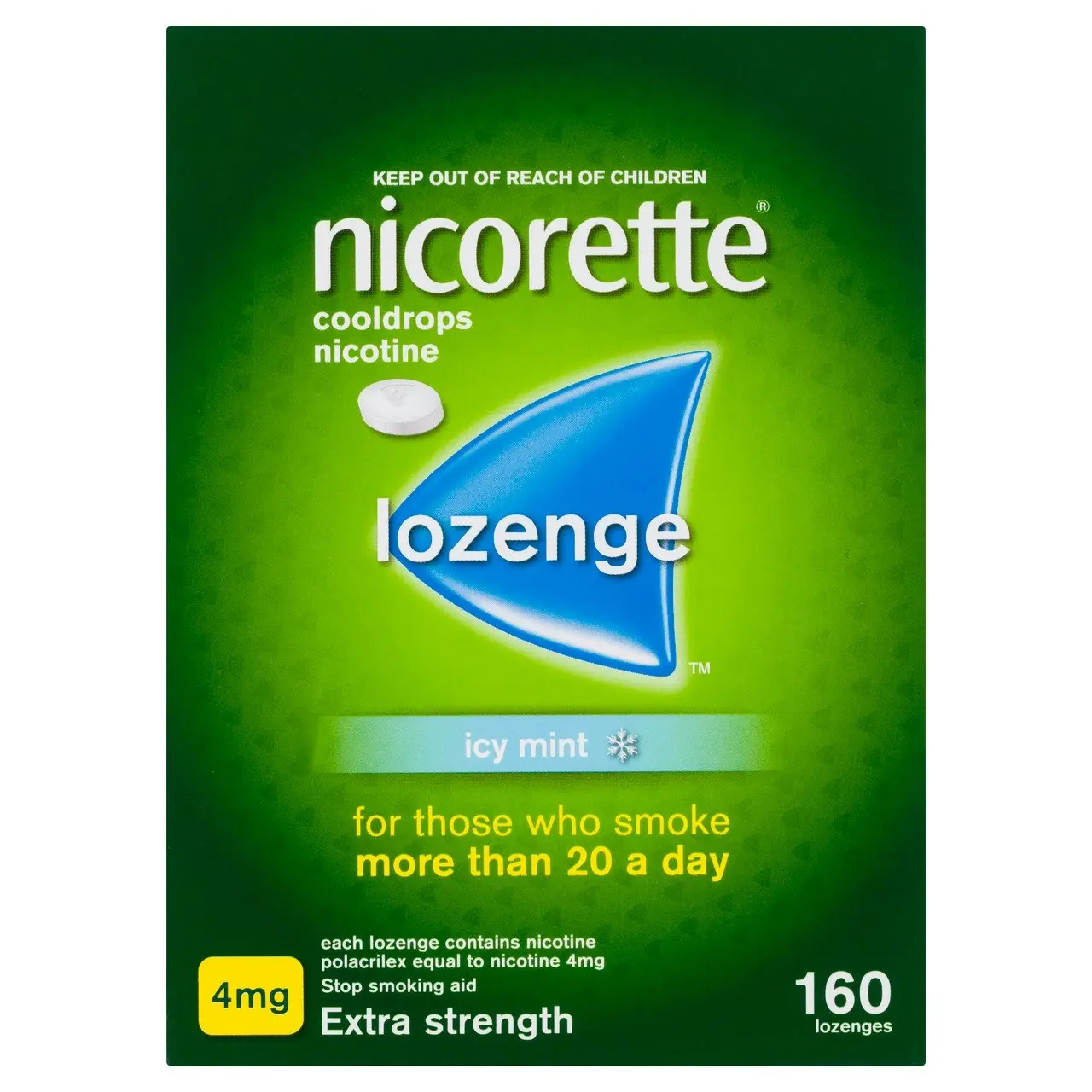 Nicorette Quit Smoking Extra Strength Cooldrops Nicotine Lozenge Icy Mint 8 x 20 Pack