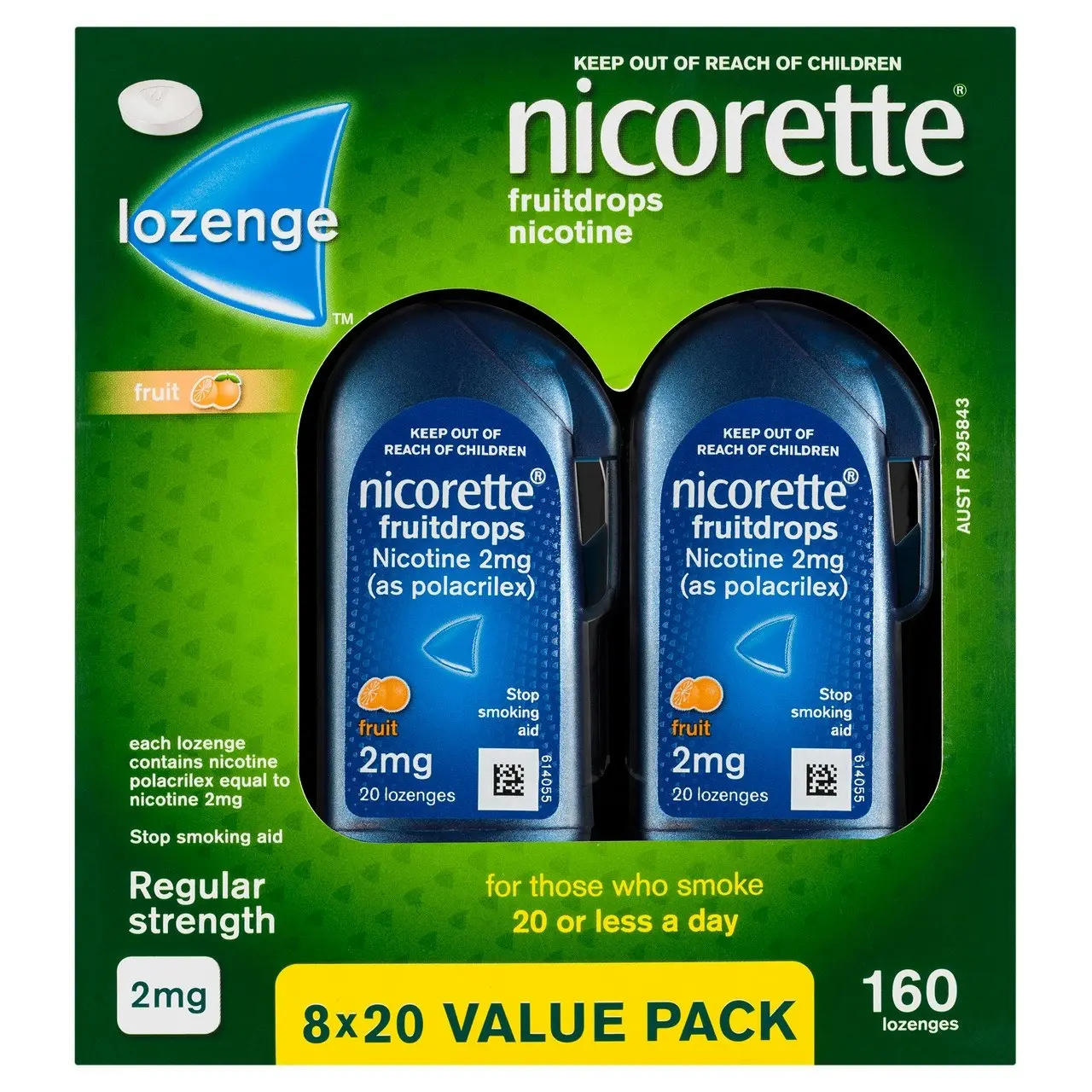 Nicorette Quit Smoking Regular Strength Nicotine Lozenge Fruitdrops  8 x 20 Pack