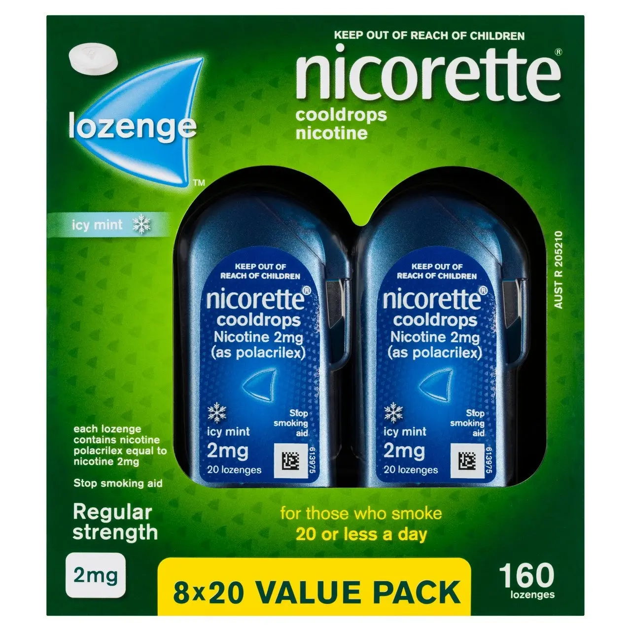 Nicorette Quit Smoking Regular Strength Cooldrops Nicotine Lozenge Icy Mint 8 x 20 Pack