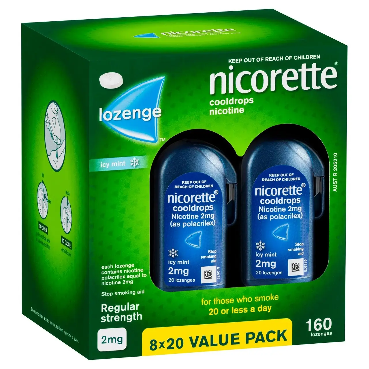 Nicorette Quit Smoking Regular Strength Cooldrops Nicotine Lozenge Icy Mint 8 x 20 Pack