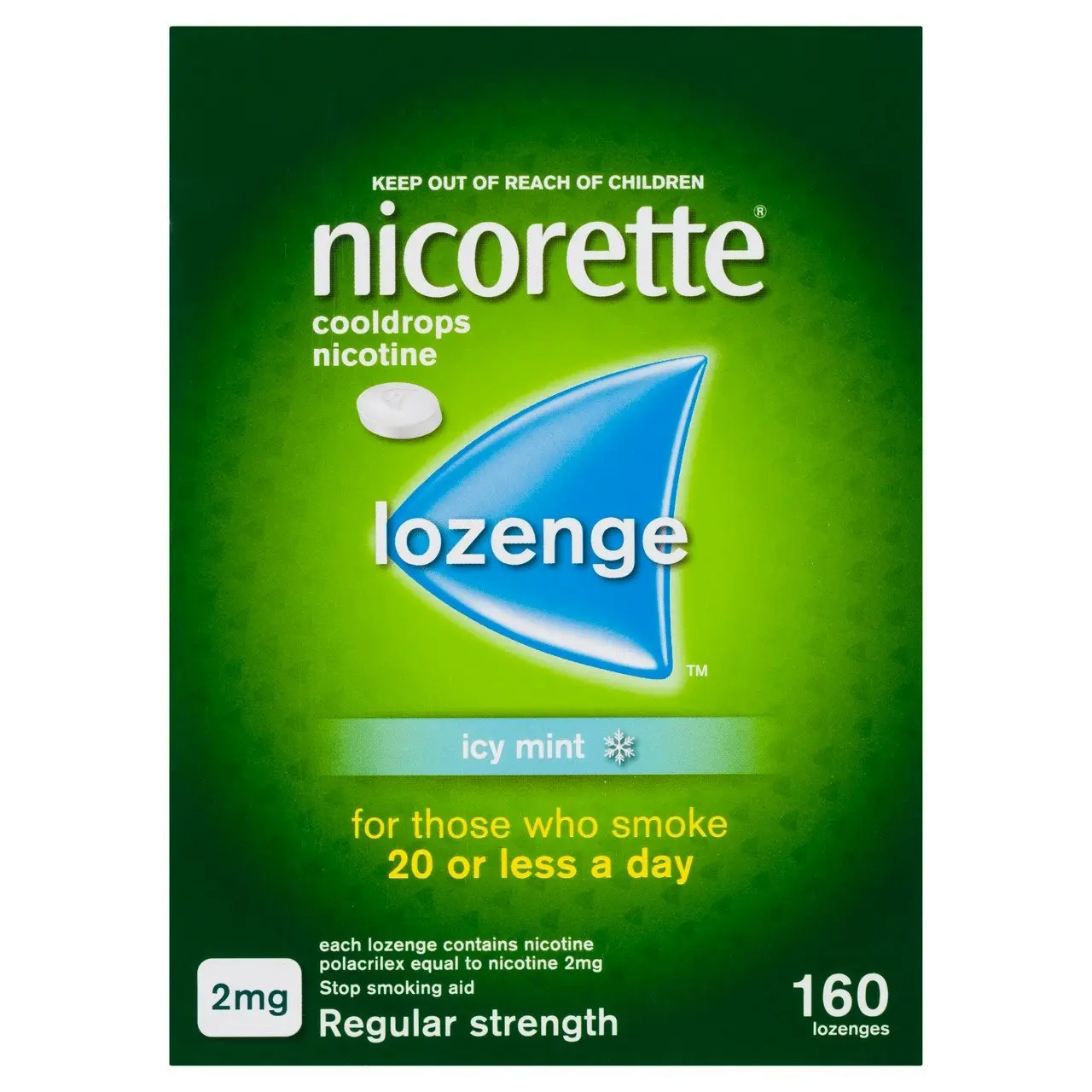 Nicorette Quit Smoking Regular Strength Cooldrops Nicotine Lozenge Icy Mint 8 x 20 Pack