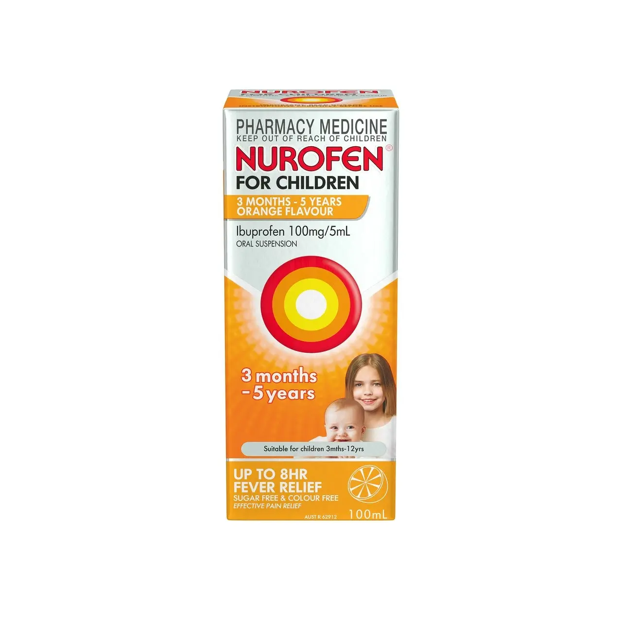 Nurofen For Children 3months - 5years Pain and Fever Relief 100mg/5mL Ibuprofen Orange 100mL