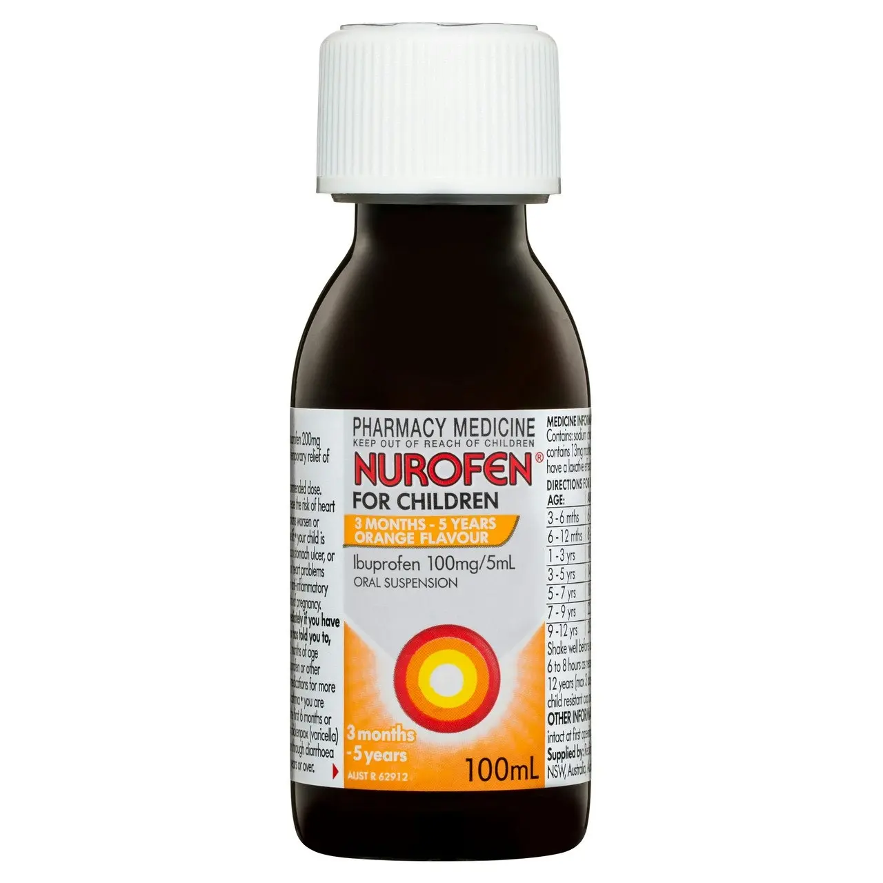 Nurofen For Children 3months - 5years Pain and Fever Relief 100mg/5mL Ibuprofen Orange 100mL