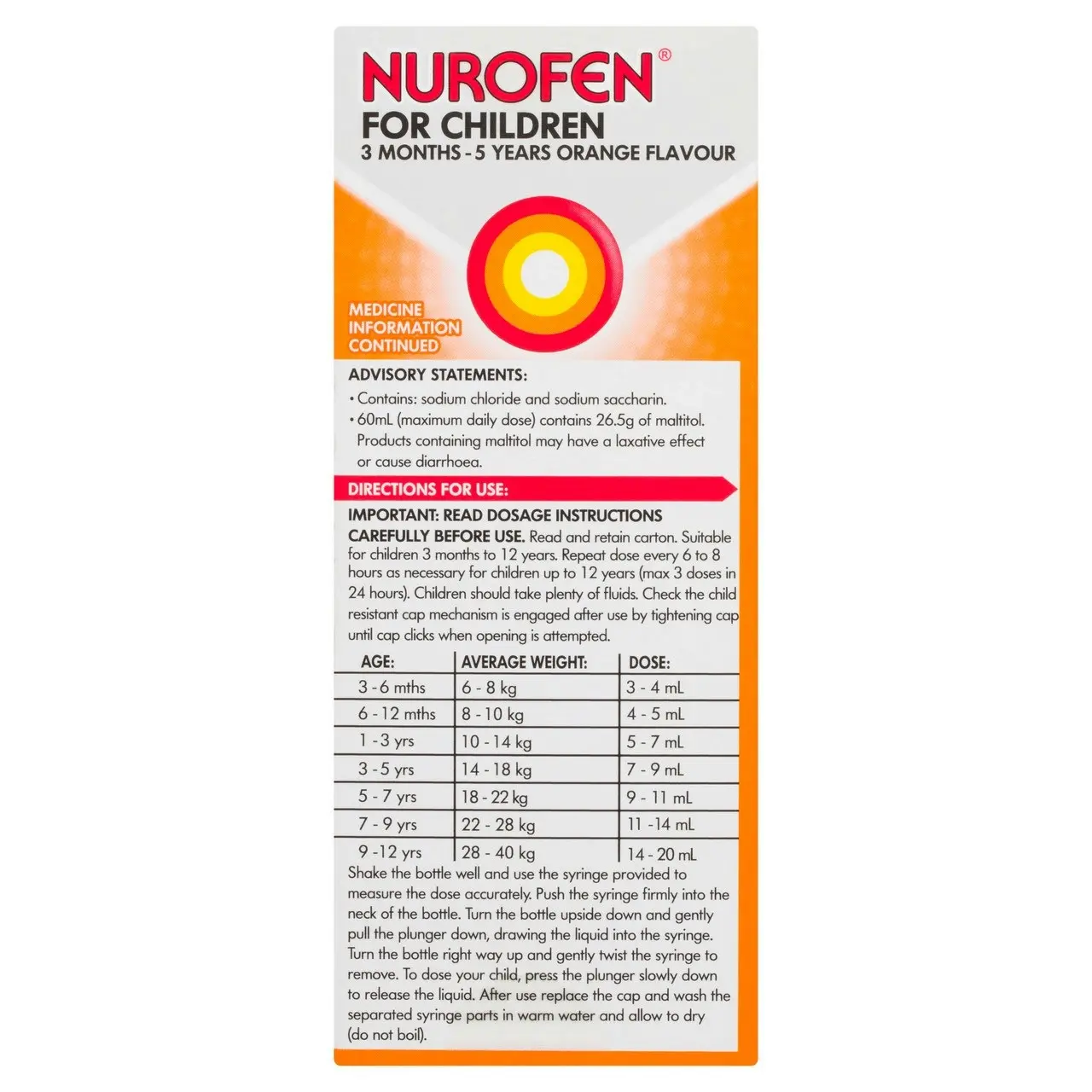 Nurofen For Children 3months - 5years Pain and Fever Relief 100mg/5mL Ibuprofen Orange 100mL