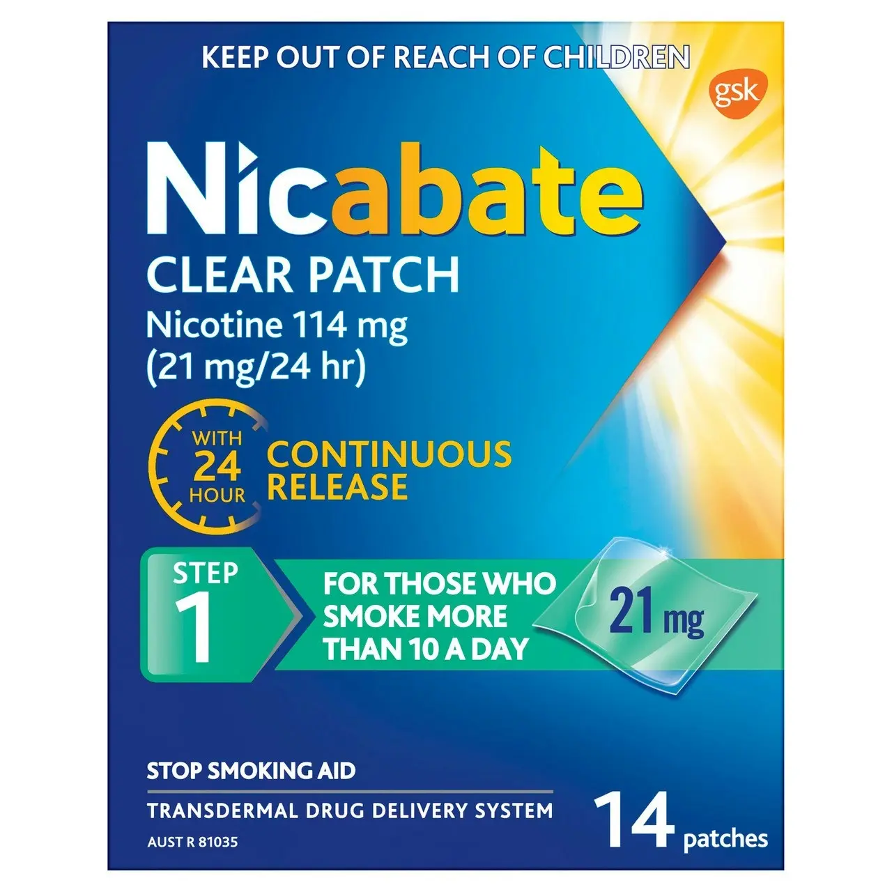 Nicabate Clear Patch Stop Smoking Transdermal drug delivery system Nicotine 21mg 14 Pack