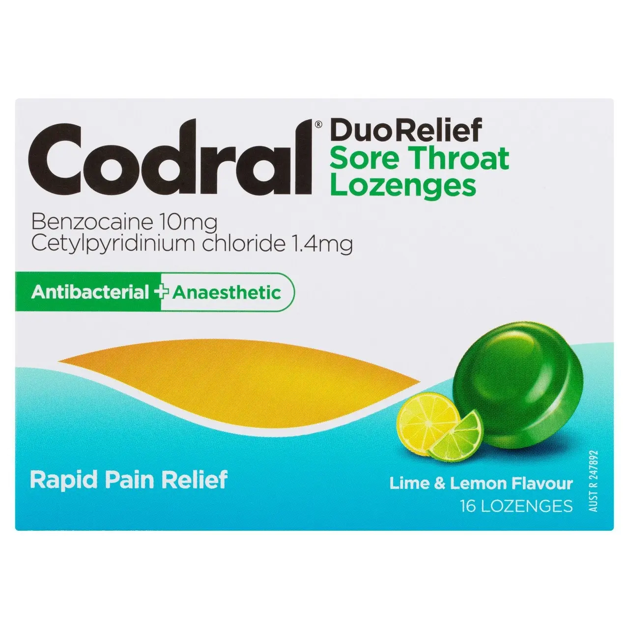 CODRAL Sore Throat Relief Lozenges Antibacterial + Anaesthetic Lime & Lemon 16 Pack