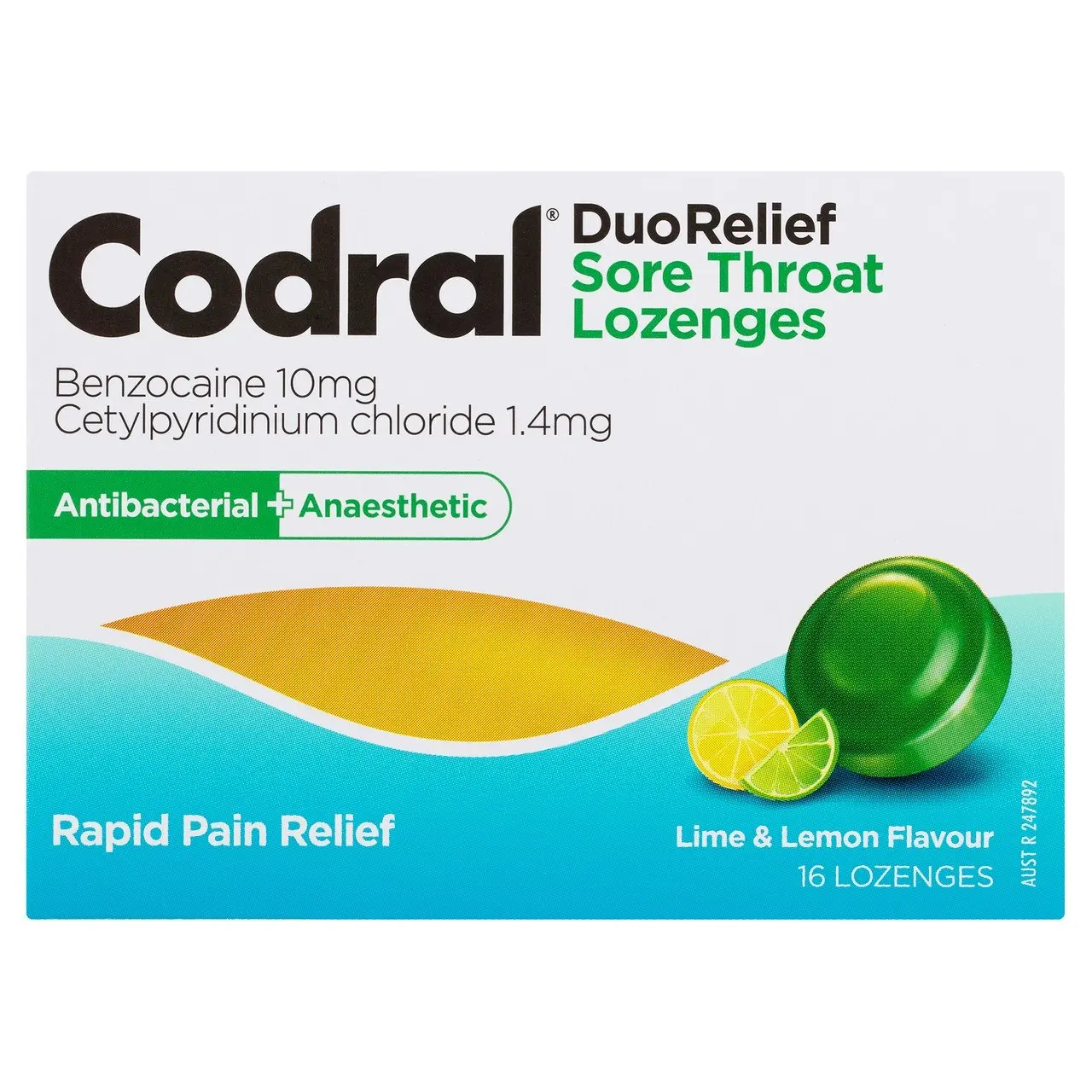 CODRAL Sore Throat Relief Lozenges Antibacterial + Anaesthetic Lime & Lemon 16 Pack