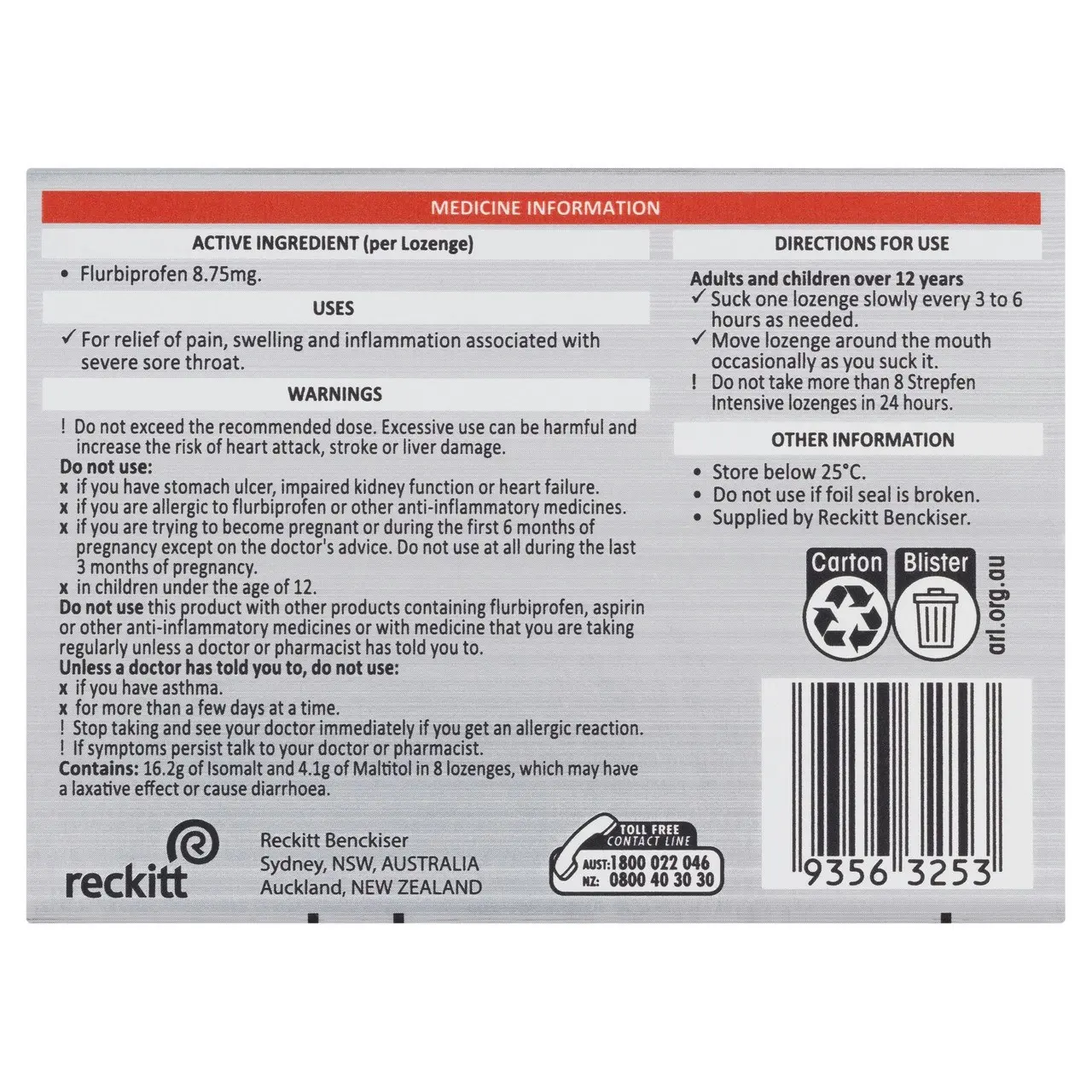 Strepfen Intensive Sugar Free Orange 16 Lozenges