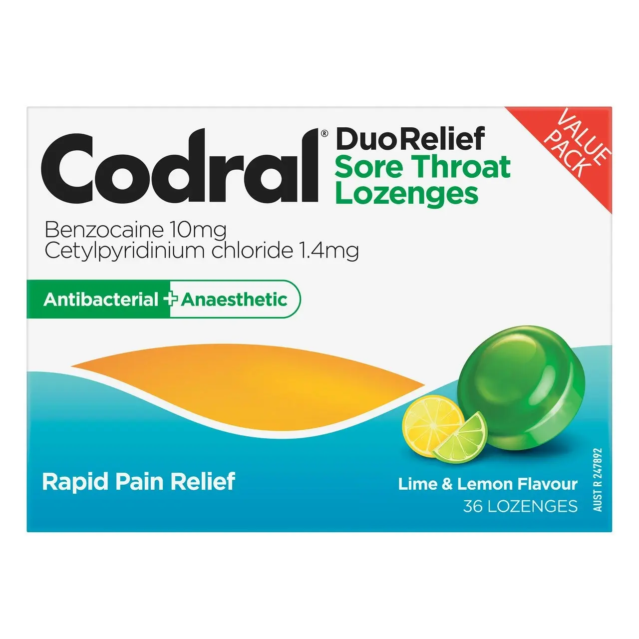 CODRAL Sore Throat Relief Lozenges Antibacterial + Anaesthetic Lime & Lemon 36 Pack