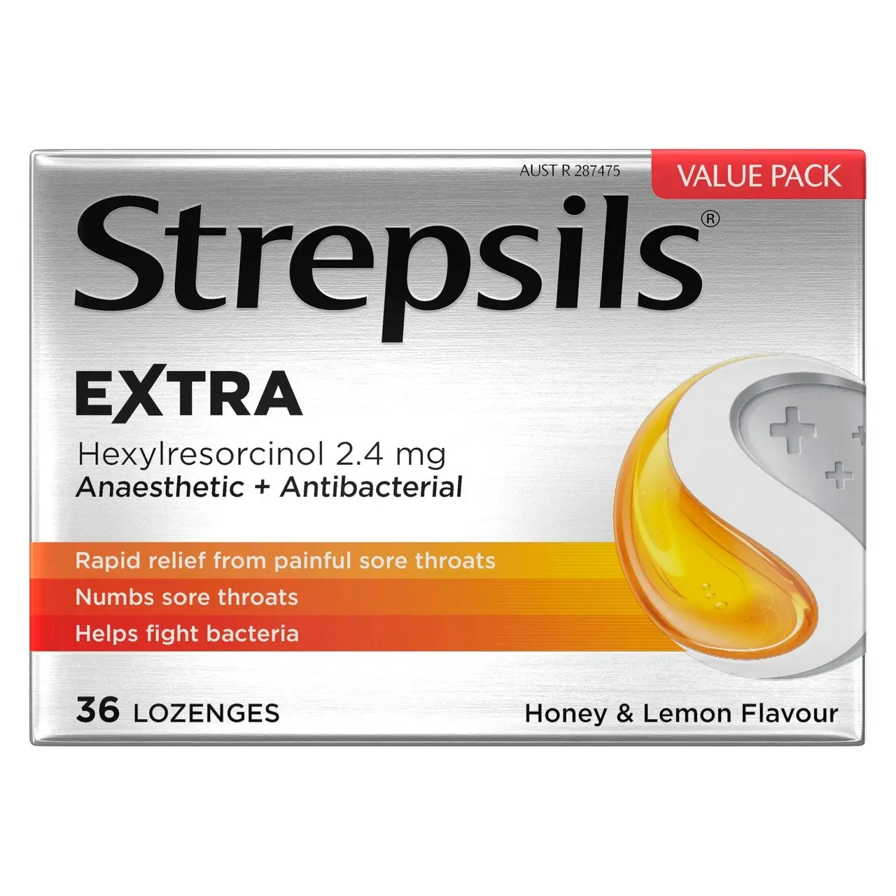 Strepsils Extra Honey and Lemon Fast Numbing Sore Throat Pain Relief with Anaesthetic Lozenges 36pk