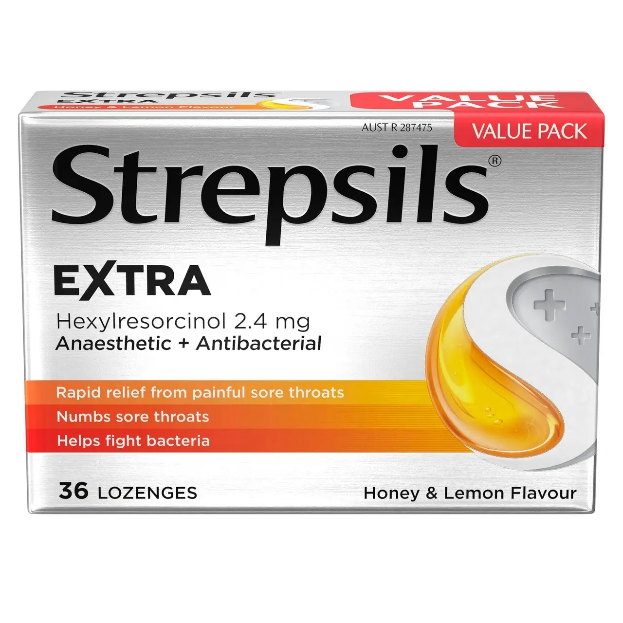 Strepsils Extra Honey and Lemon Fast Numbing Sore Throat Pain Relief with Anaesthetic Lozenges 36pk