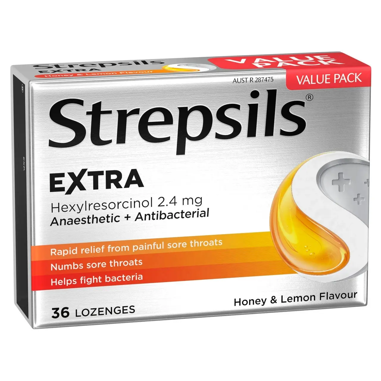 Strepsils Extra Honey and Lemon Fast Numbing Sore Throat Pain Relief with Anaesthetic Lozenges 36pk