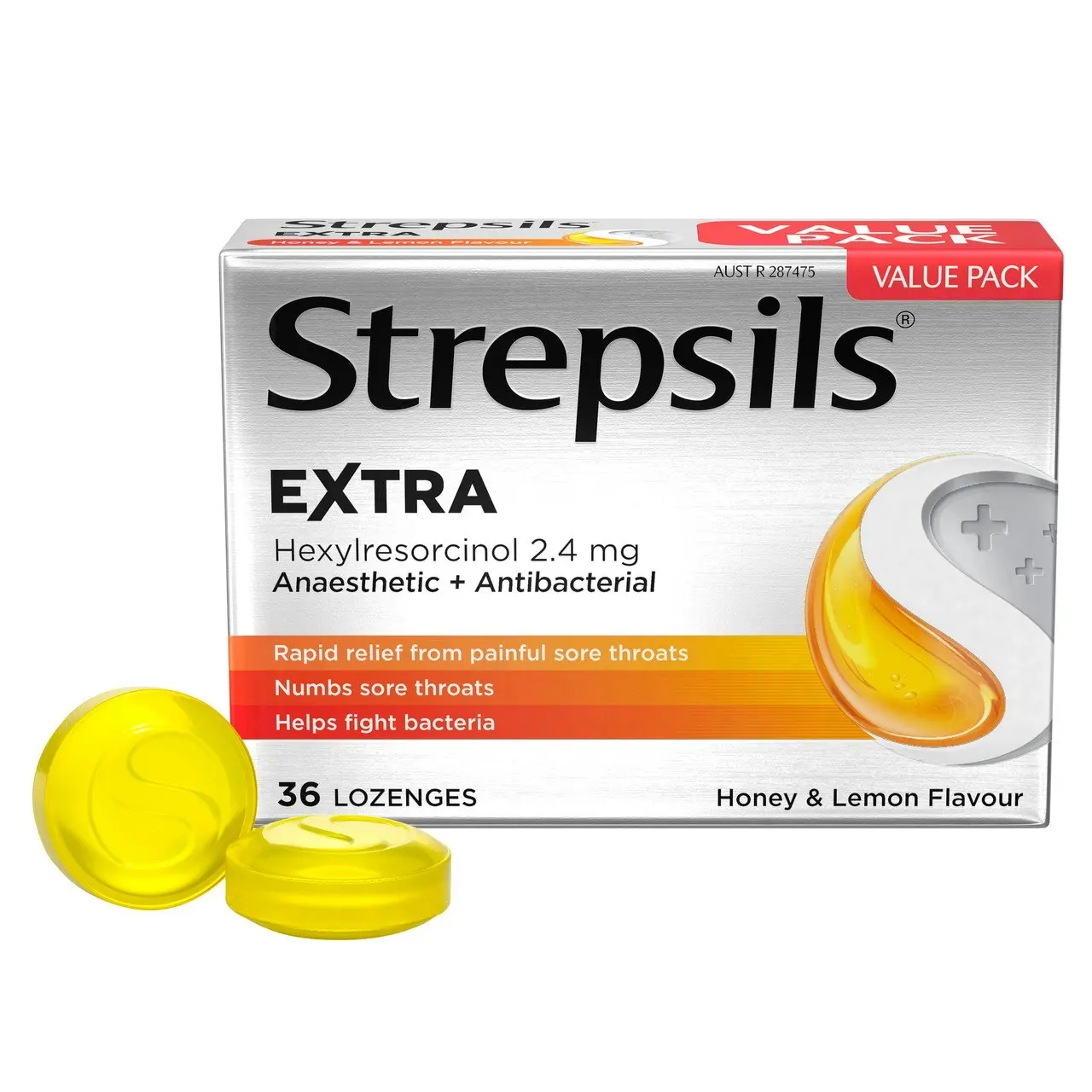 Strepsils Extra Honey and Lemon Fast Numbing Sore Throat Pain Relief with Anaesthetic Lozenges 36pk