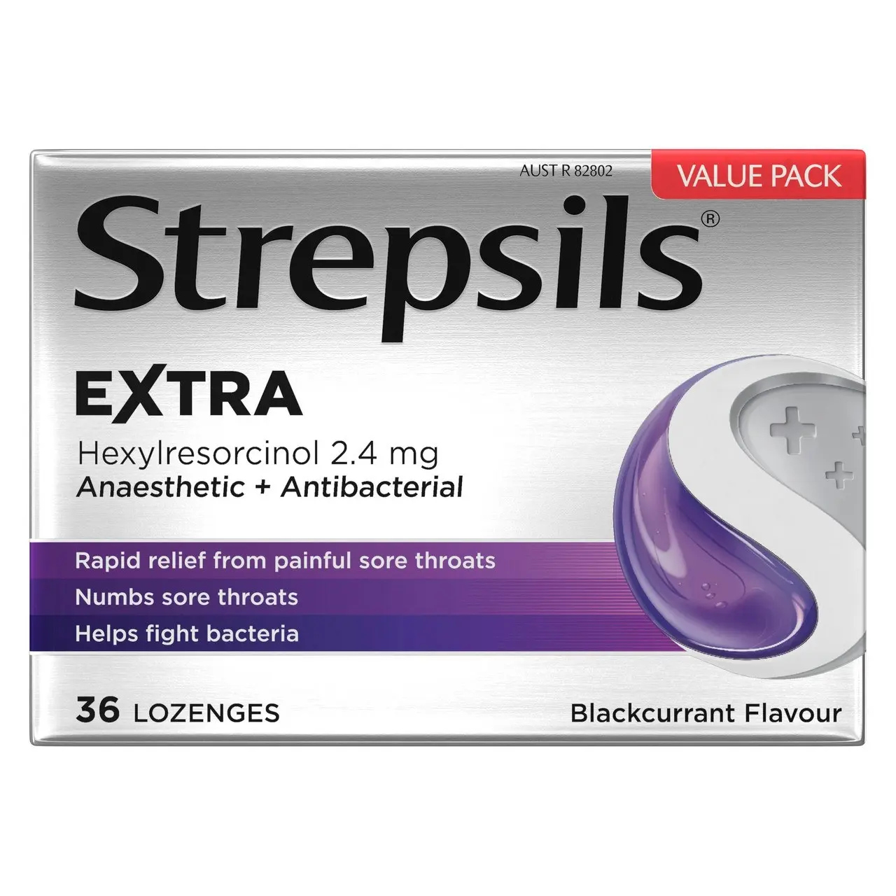 Strepsils Extra Blackcurrant Fast Numbing Sore Throat Pain Relief with Anaesthetic Lozenges 36 pack