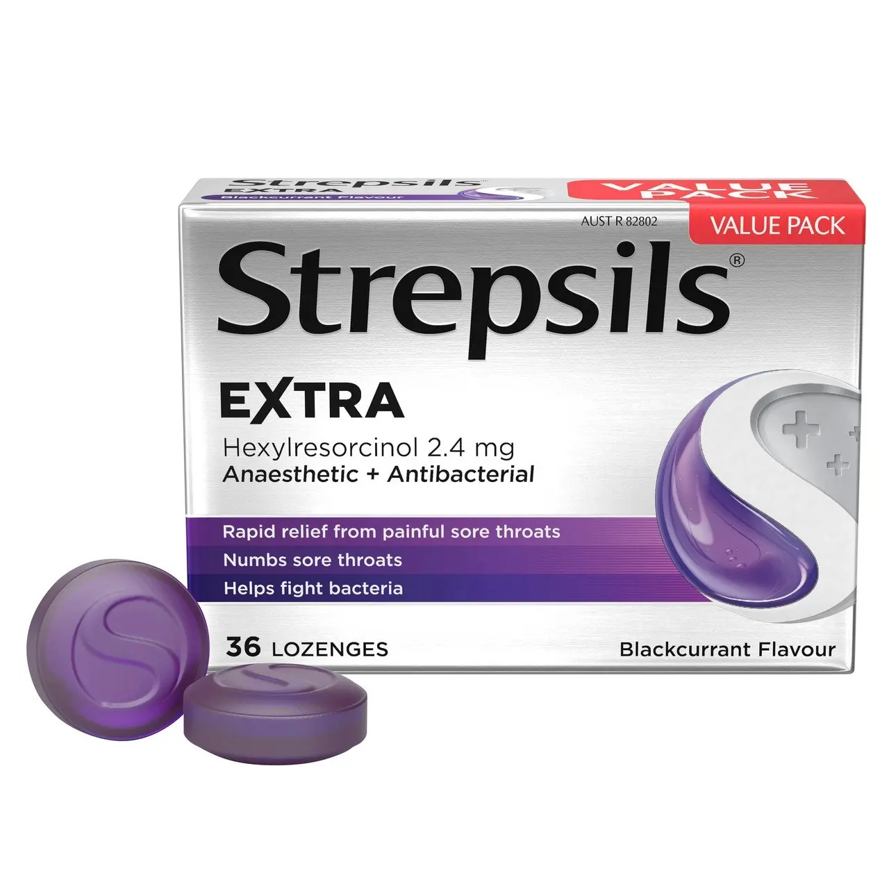 Strepsils Extra Blackcurrant Fast Numbing Sore Throat Pain Relief with Anaesthetic Lozenges 36 pack