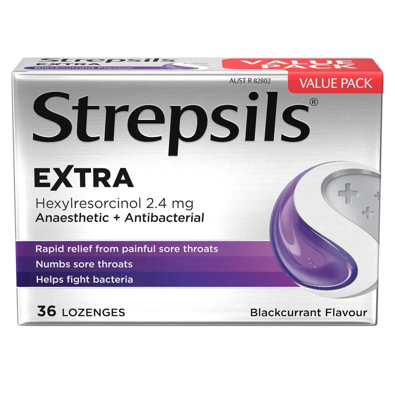 Strepsils Extra Blackcurrant Fast Numbing Sore Throat Pain Relief with Anaesthetic Lozenges 36 pack