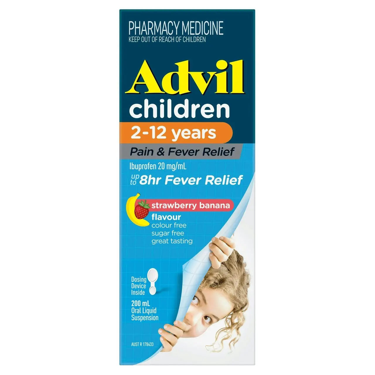 Advil Pain & Fever Suspension 2-12 years, sugar and colour free Ibuprofen 20mg/ml Strawberry Banana 200ml