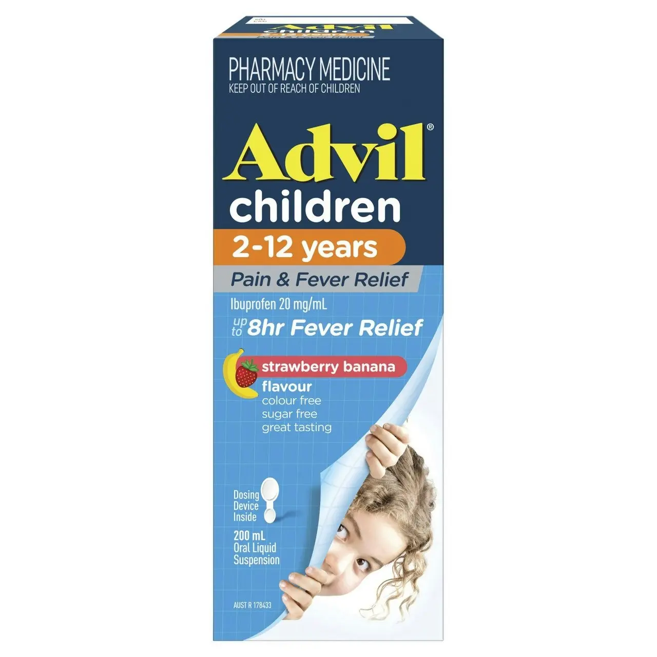 Advil Pain & Fever Suspension 2-12 years, sugar and colour free Ibuprofen 20mg/ml Strawberry Banana 200ml