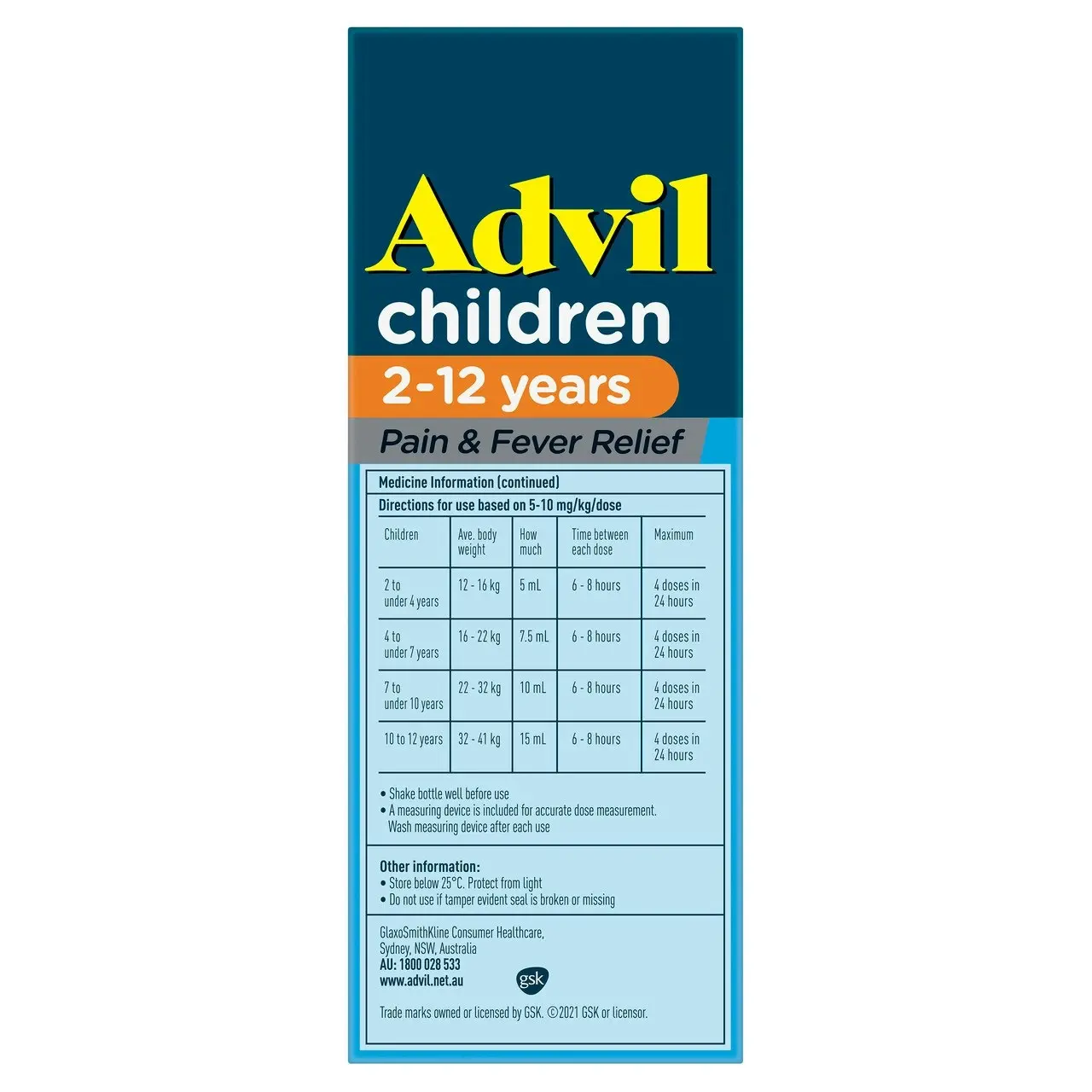 Advil Pain & Fever Suspension 2-12 years, sugar and colour free Ibuprofen 20mg/ml Strawberry Banana 200ml