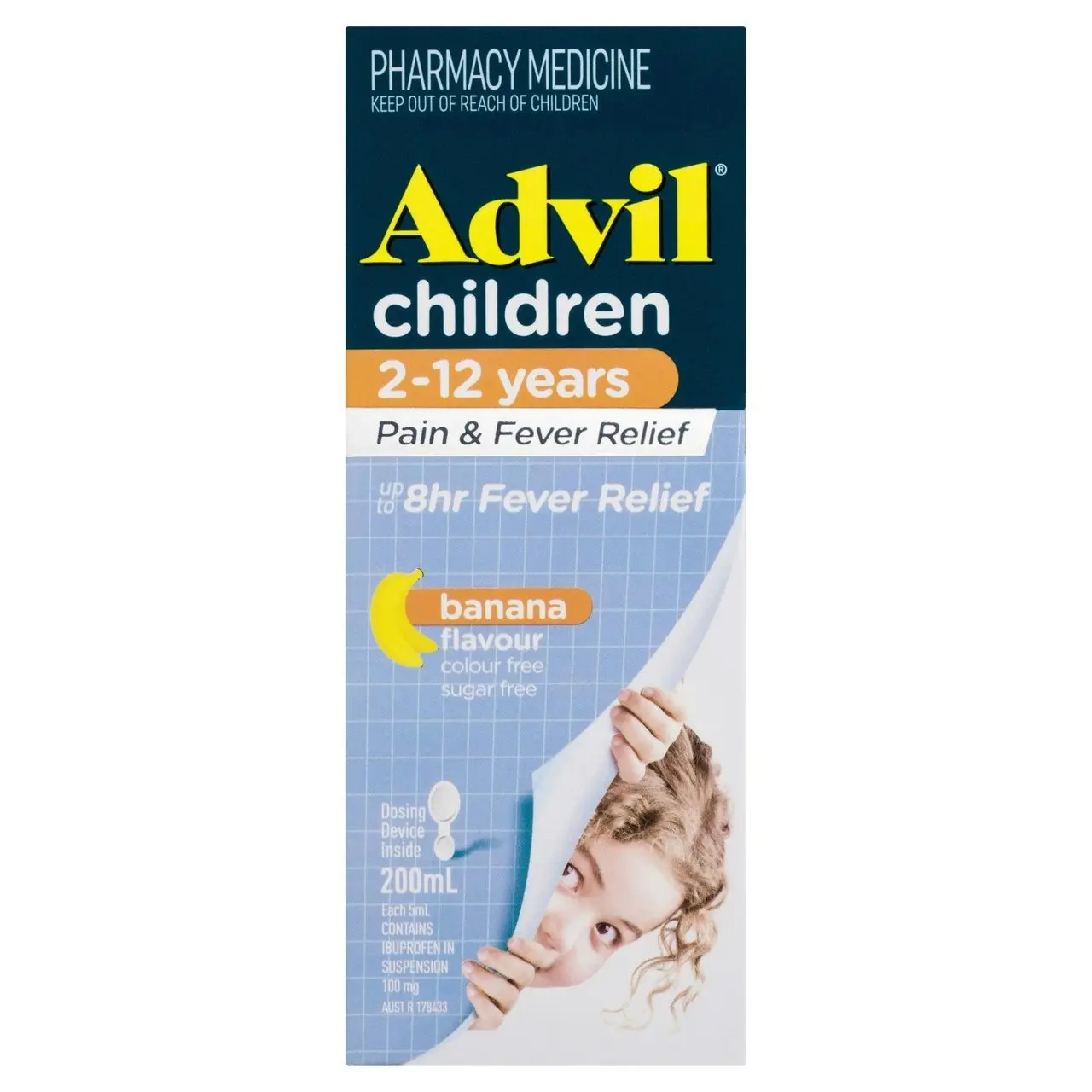 Advil Pain & Fever Suspension 2-12 years, sugar and colour free Ibuprofen 20mg/ml Strawberry Banana 200ml