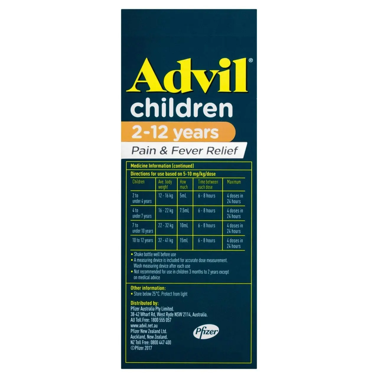 Advil Pain & Fever Suspension 2-12 years, sugar and colour free Ibuprofen 20mg/ml Strawberry Banana 200ml