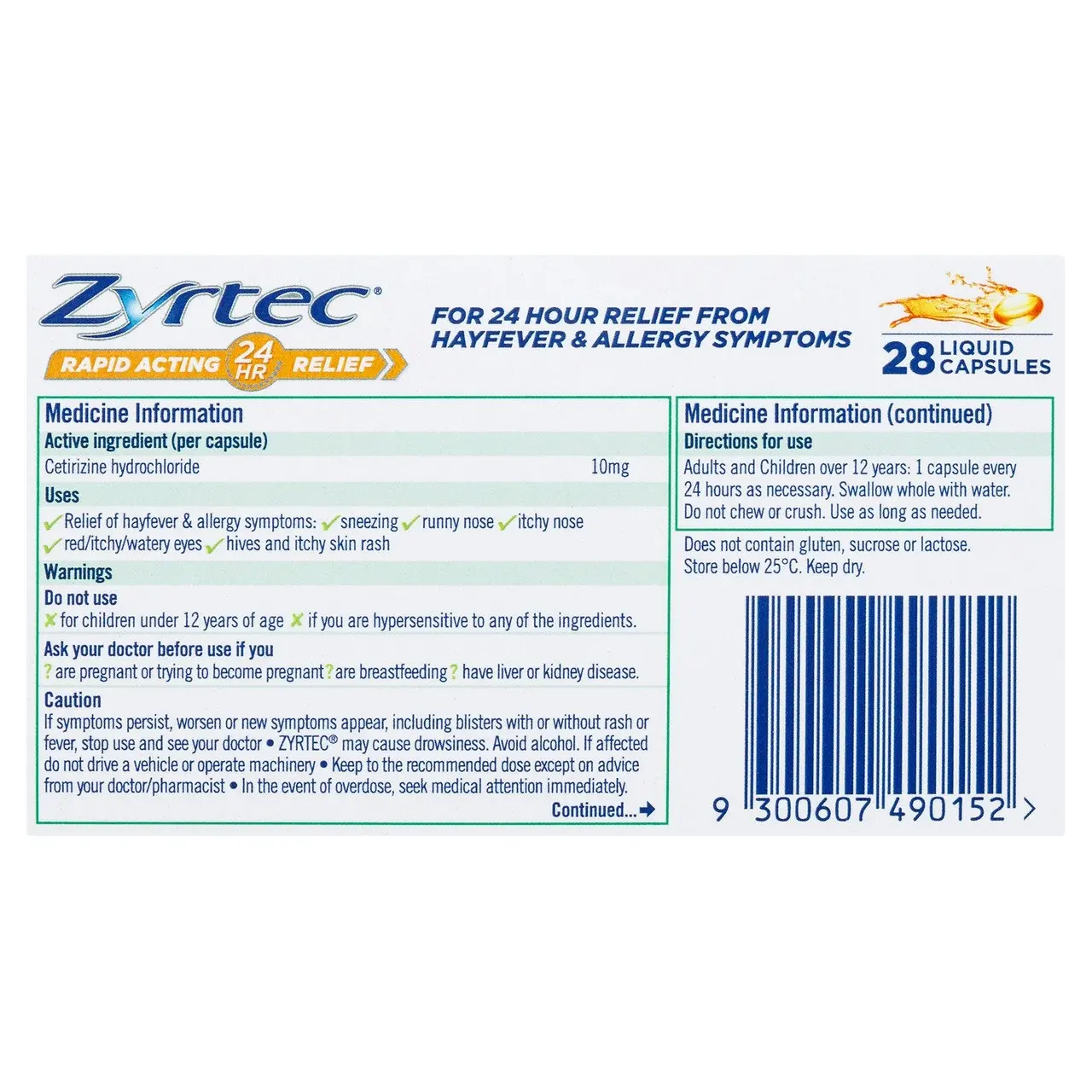 Zyrtec Rapid Acting Hayfever & Allergy Relief Antihistamine Liquid Capsules 28 Pack