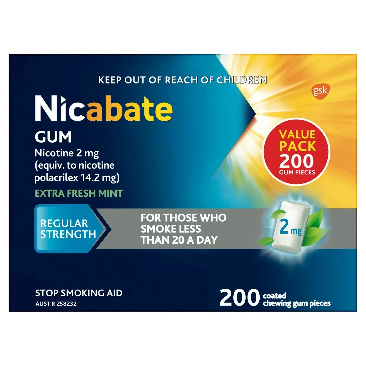 Nicabate Gum Nicotine 2mg Regular Strength Extra Fresh Mint 200 Pack