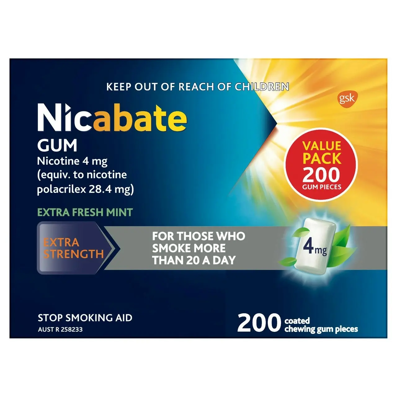 Nicabate Gum Stop Smoking Nicotine 4mg Extra Strength Extra Fresh Mint Coated Chewing Gum 200 Pack