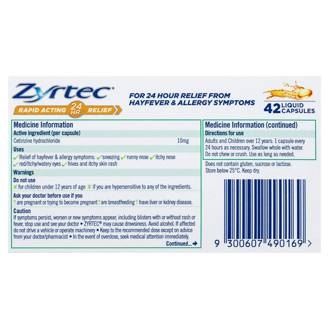 Zyrtec Rapid Acting Hayfever & Allergy Relief Antihistamine Liquid Capsules 42 Pack