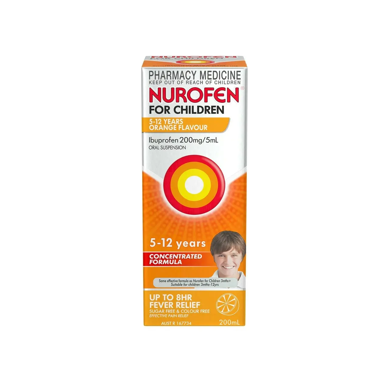 Nurofen For Children 5-12yrs Pain and Fever Relief Concentrated Liquid 200mg/5mL Ibuprofen Orange 200mL