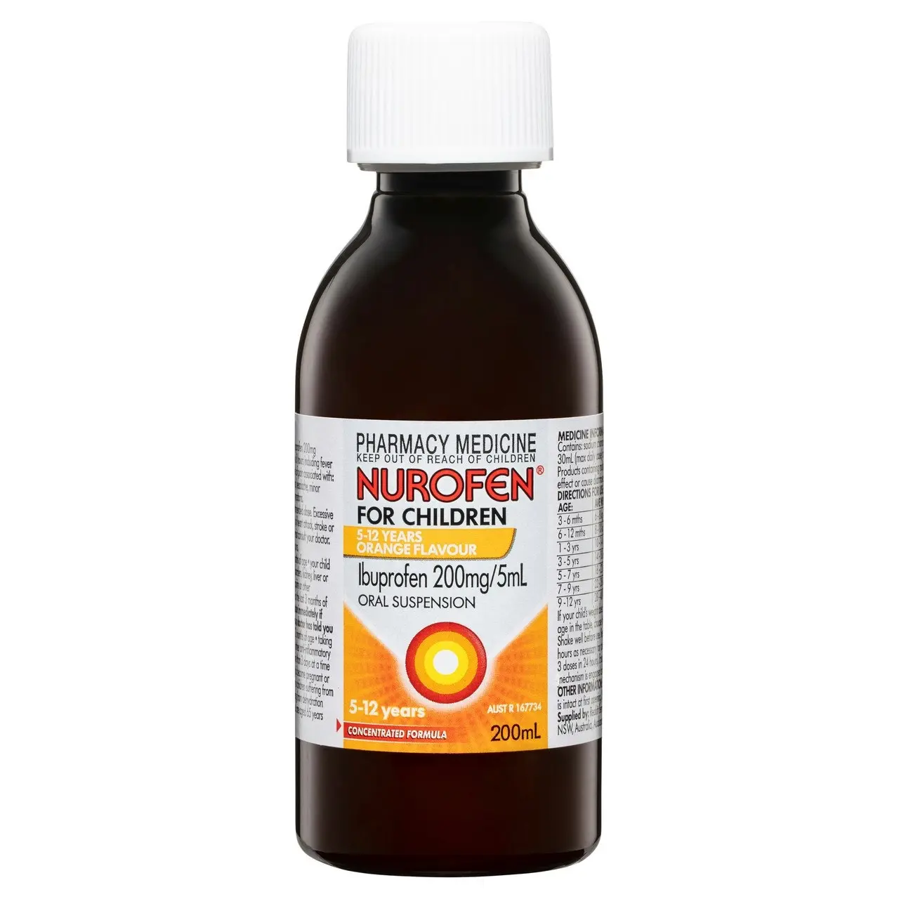 Nurofen For Children 5-12yrs Pain and Fever Relief Concentrated Liquid 200mg/5mL Ibuprofen Orange 200mL