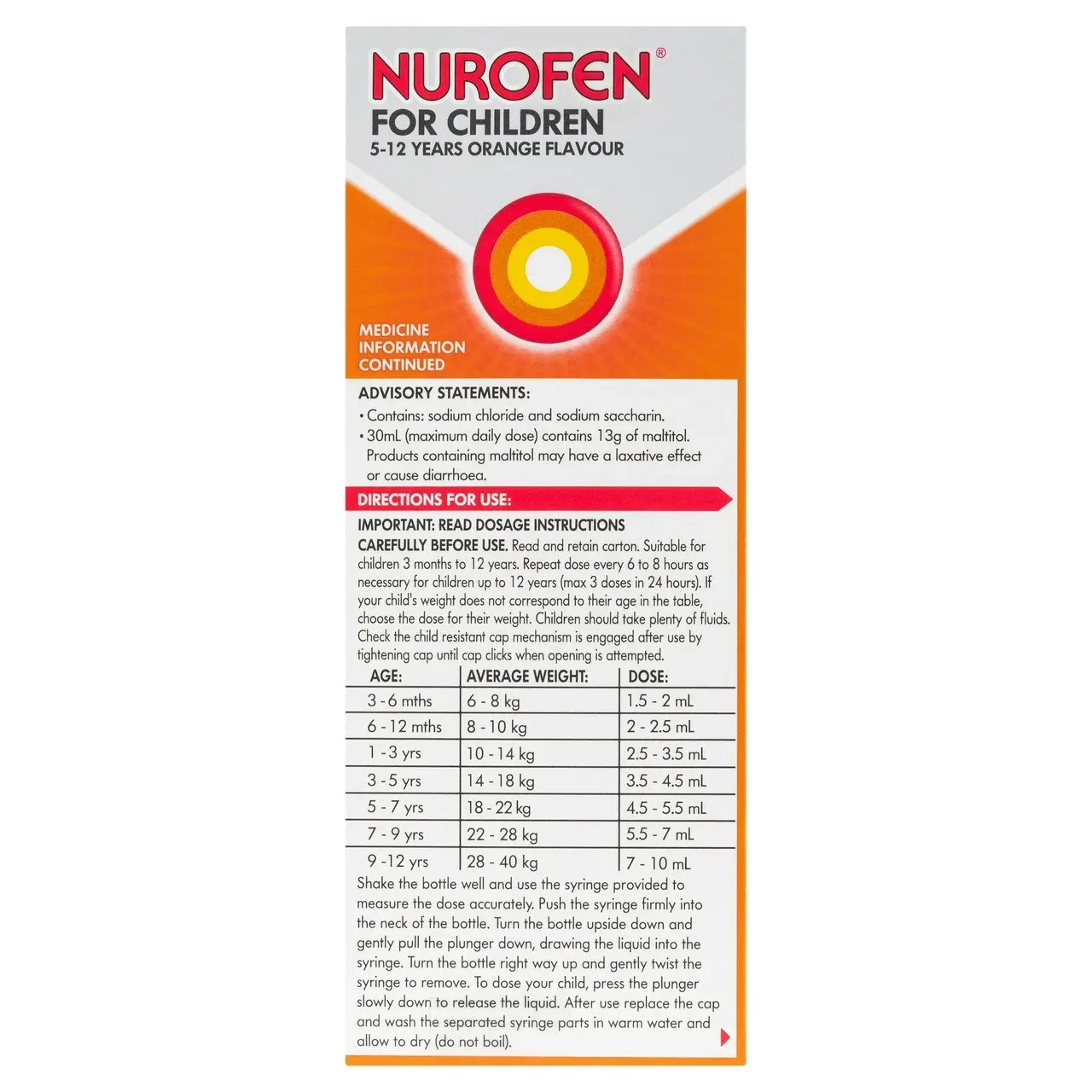 Nurofen For Children 5-12yrs Pain and Fever Relief Concentrated Liquid 200mg/5mL Ibuprofen Orange 200mL