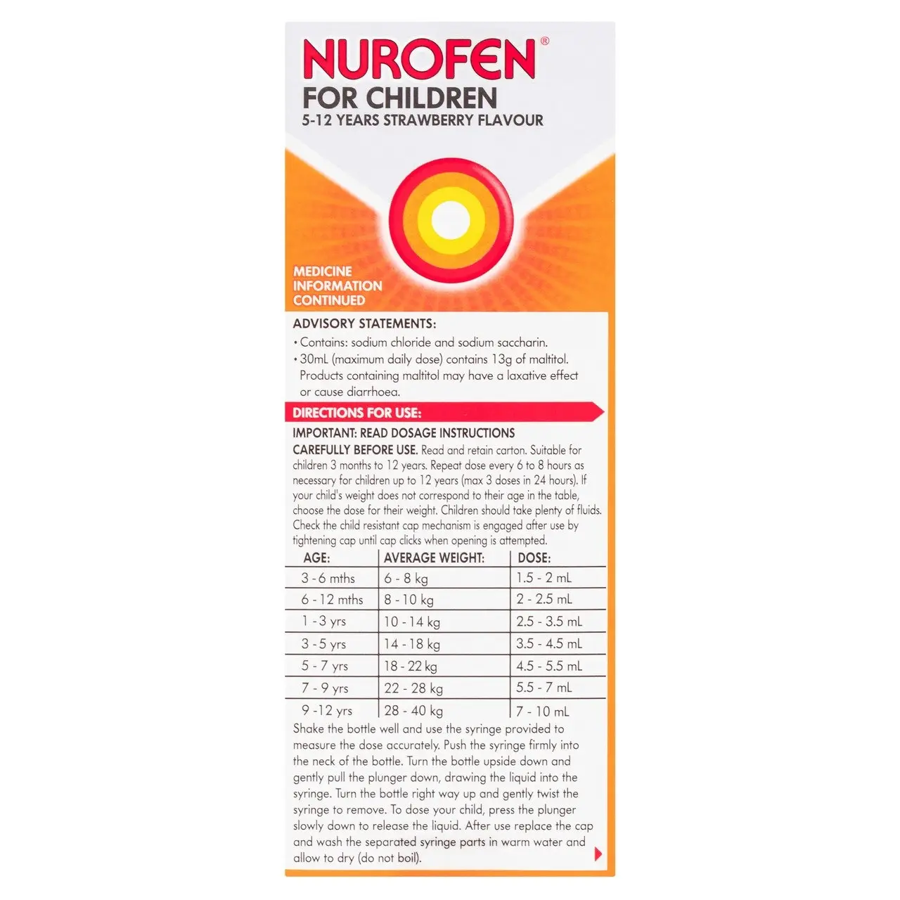 Nurofen For Children 5-12yrs Pain and Fever Relief Concentrated Liquid 200mg/5mL Ibuprofen Strawberry 200mL