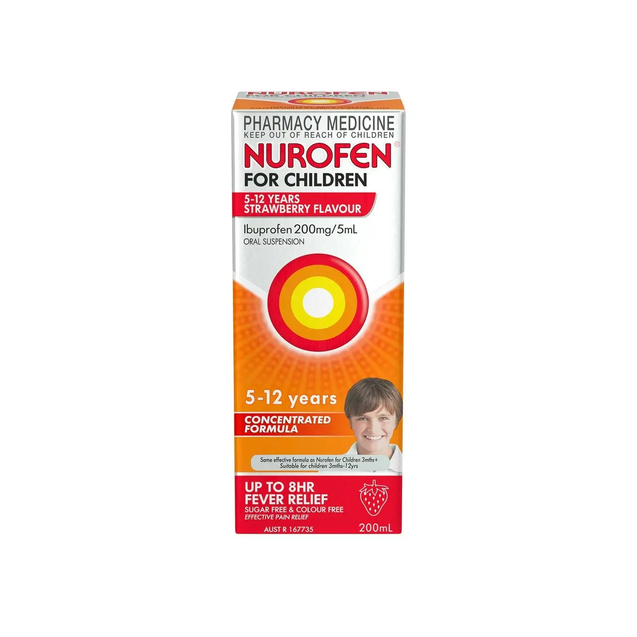 Nurofen For Children 5-12yrs Pain and Fever Relief Concentrated Liquid 200mg/5mL Ibuprofen Strawberry 200mL