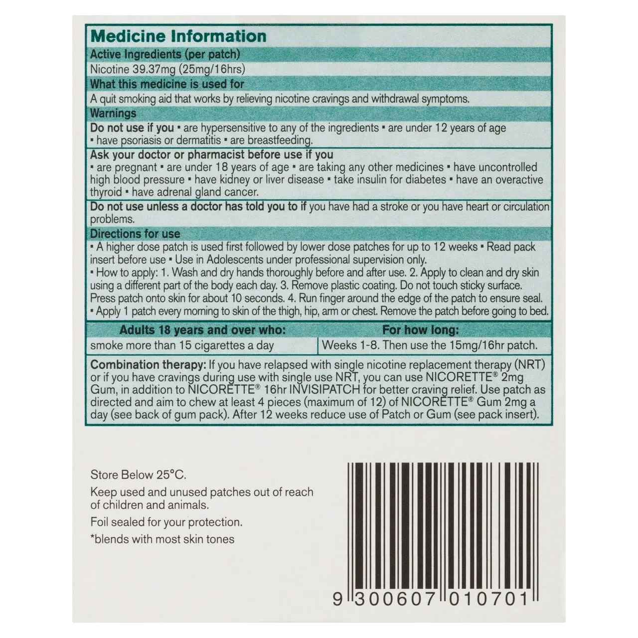 Nicorette Quit Smoking Nicotine 16 hour Invisipatch Step 1 25mg 7 Pack