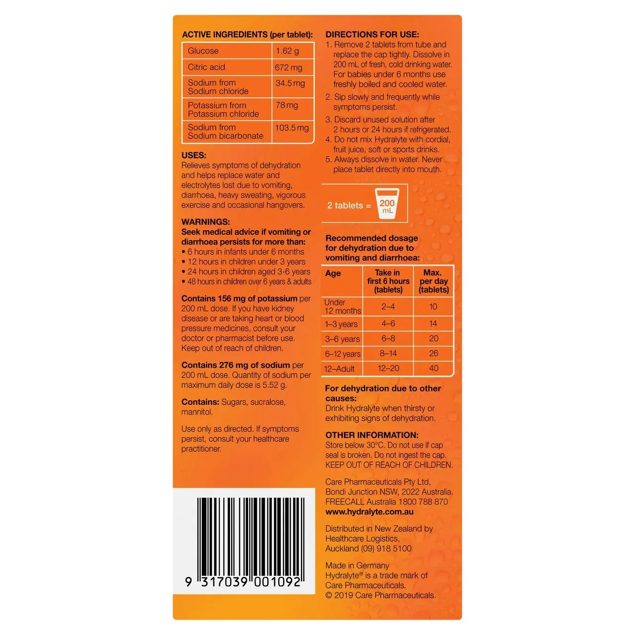 Hydralyte Effervescent Electrolyte Tablets Orange Flavoured 40 Tablets