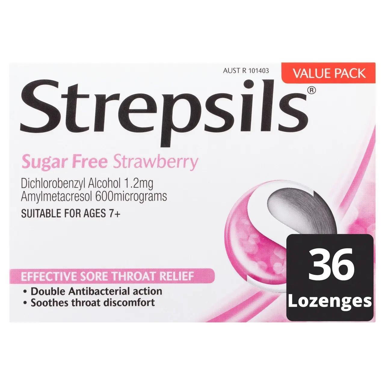 Strepsils Sore Throat Relief Sugar Free Strawberry 36 Pack