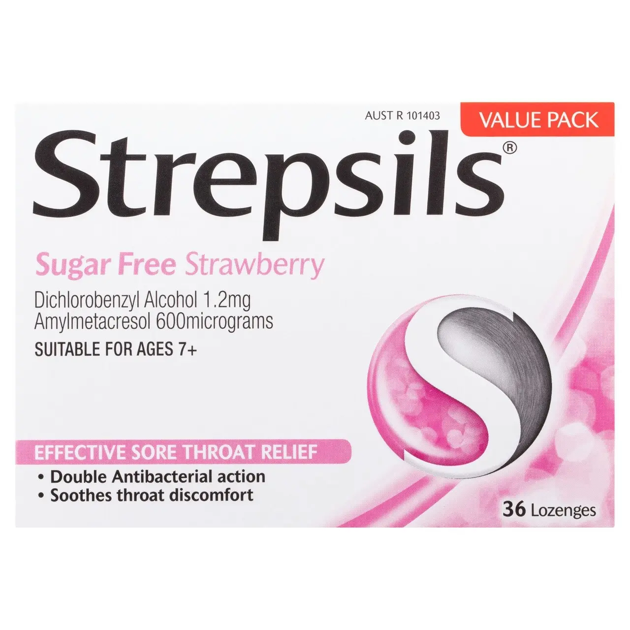 Strepsils Sore Throat Relief Sugar Free Strawberry 36 Pack