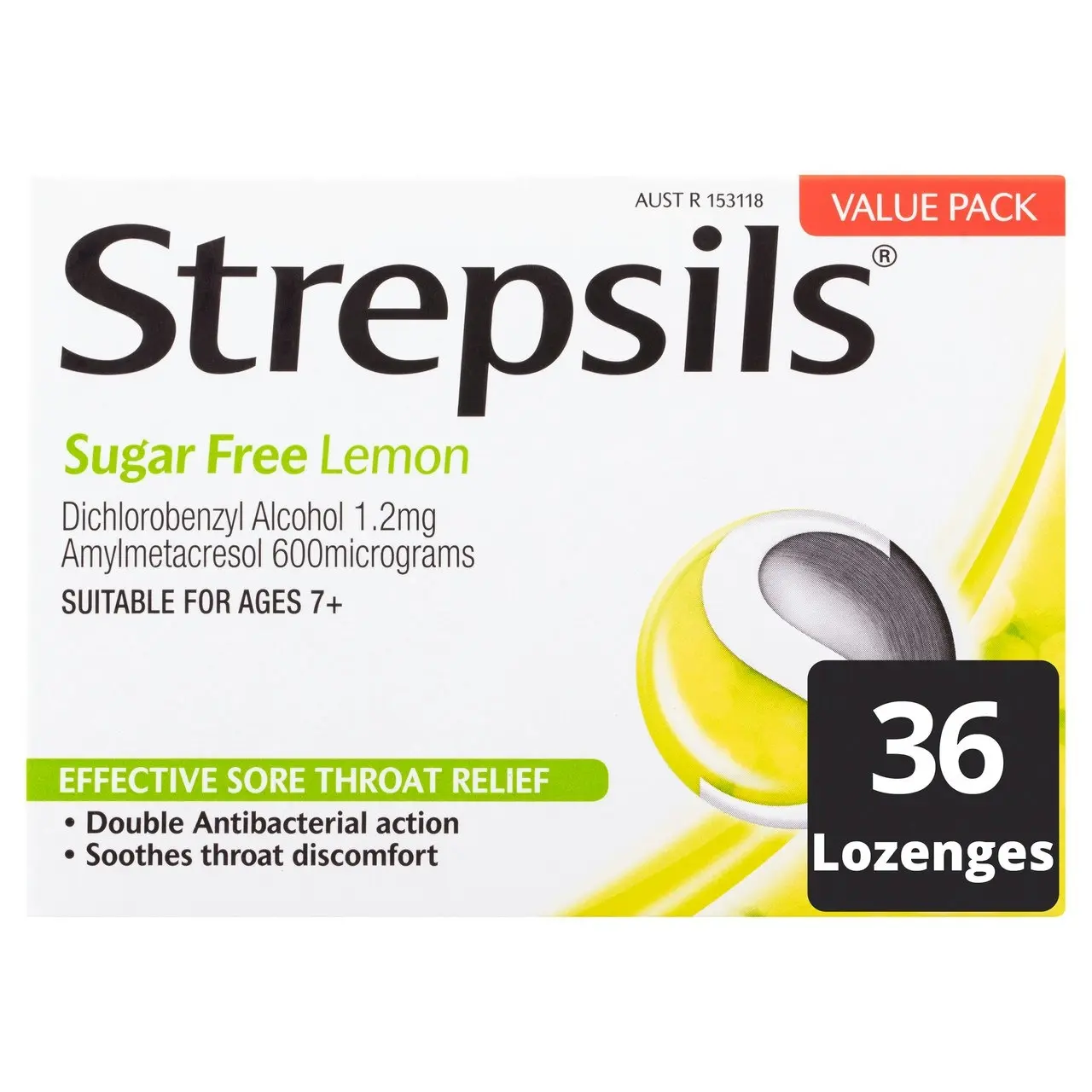 Strepsils Sore Throat Relief Sugar Free Lemon 36 Pack