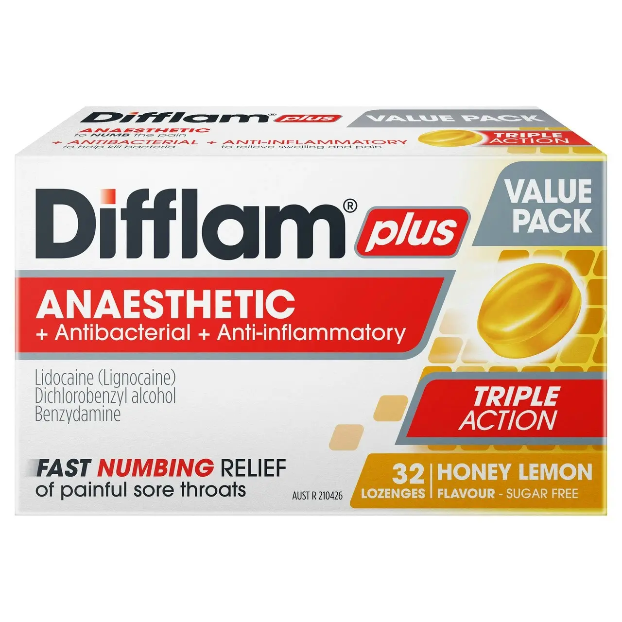 Difflam Plus Anaesthetic Sore Throat Lozenges Honey & Lemon Flavour 32 Pack